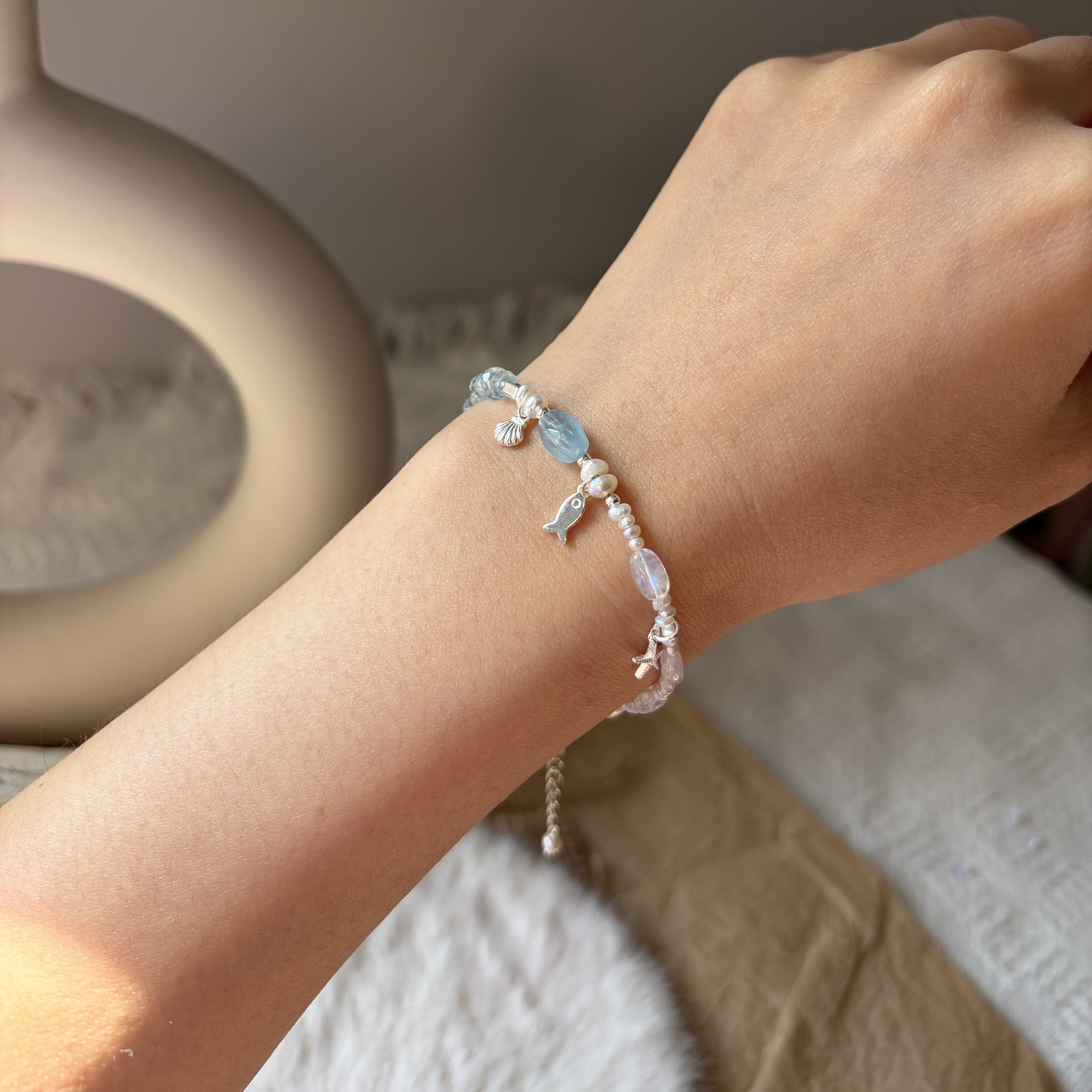 Moonlit Whisper Bracelet Aquamarine, Madagascar Moonstone & Freshwater Pearl Handmade Bracelet
