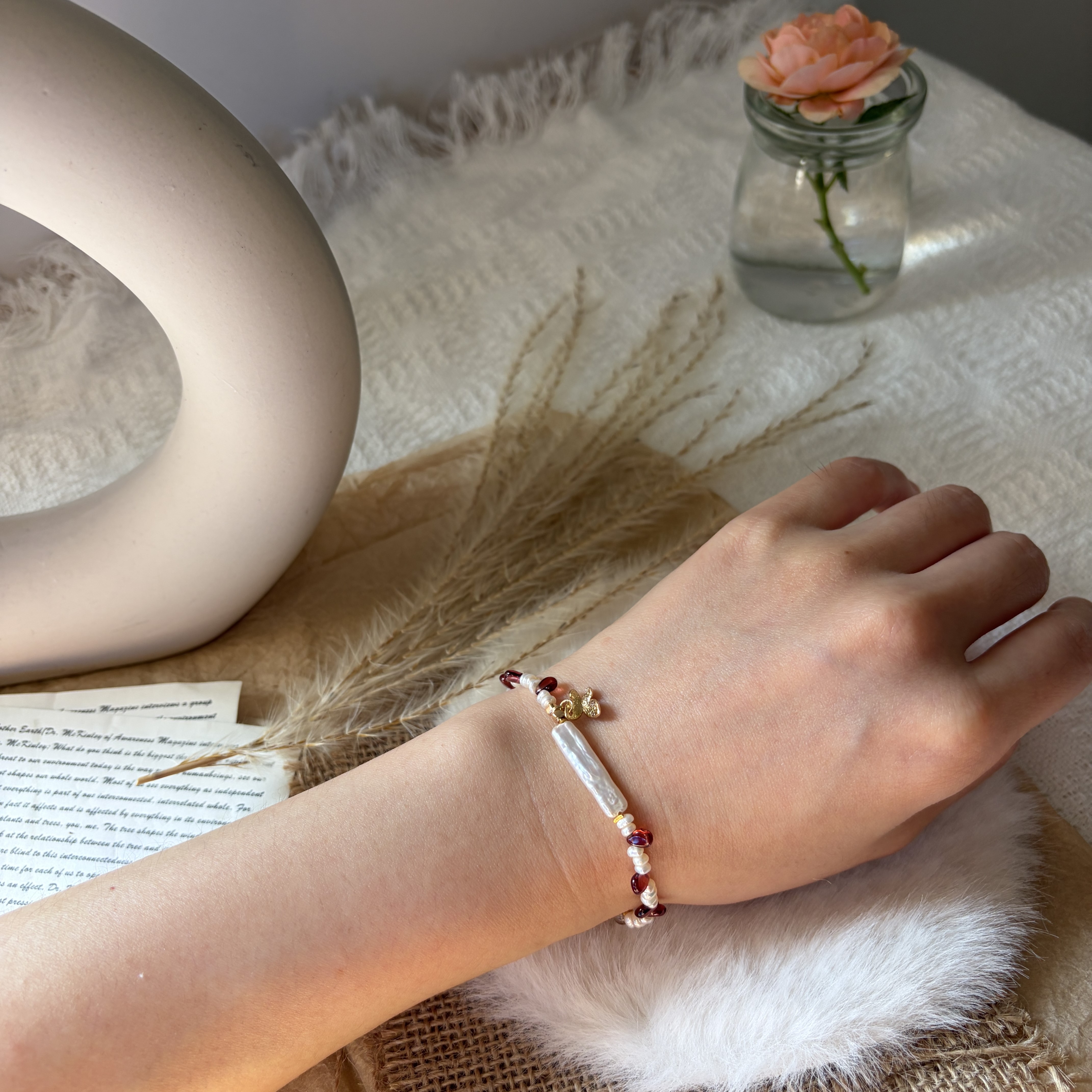 Where Butterflies Follow the Light Bracelet Garnet Citrine and Pearl Bracelet