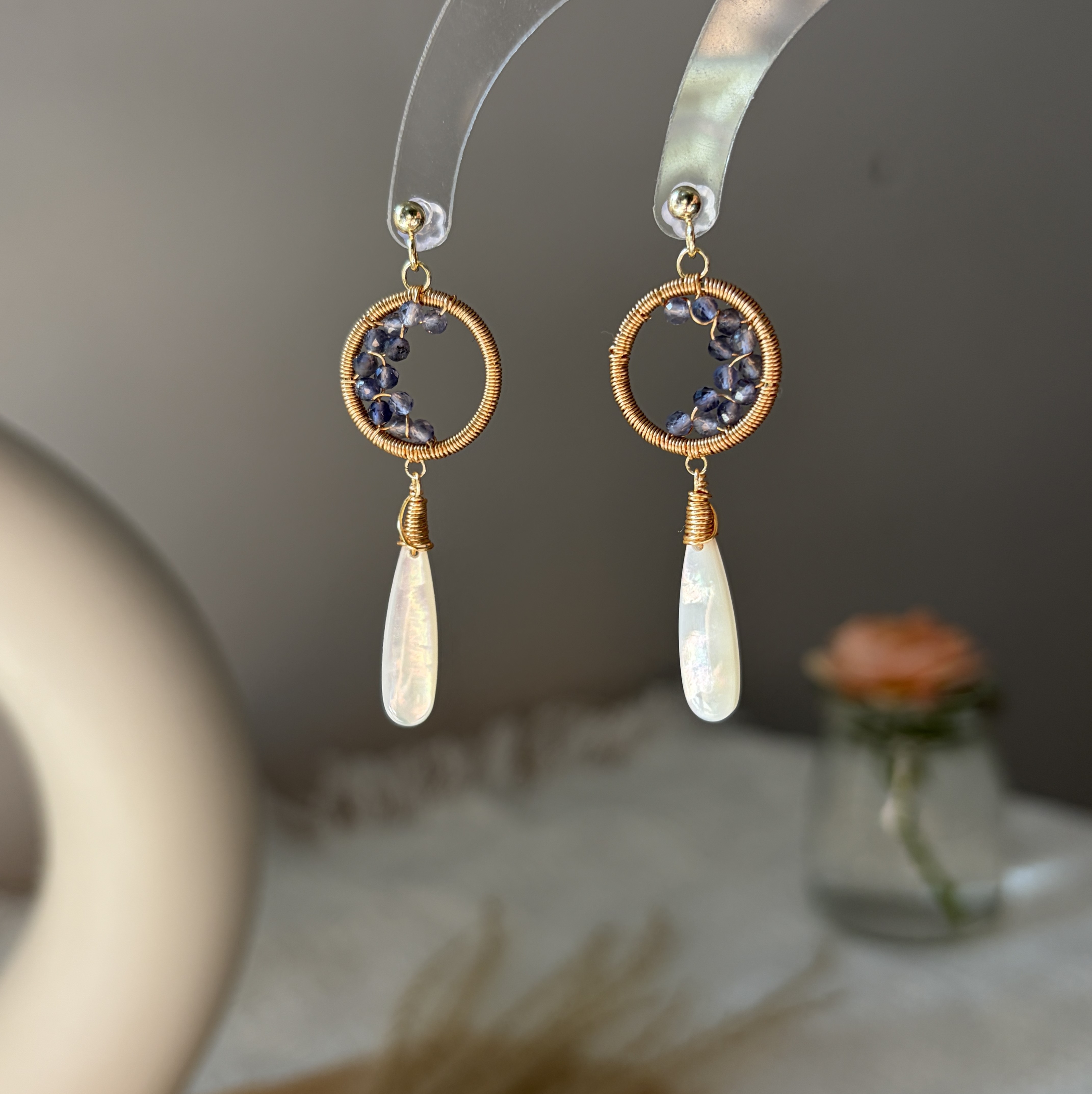 Moonlit Ascent Earrings | Handmade Iolite Crescent Moon & Mother of Pearl Drop Earrings 