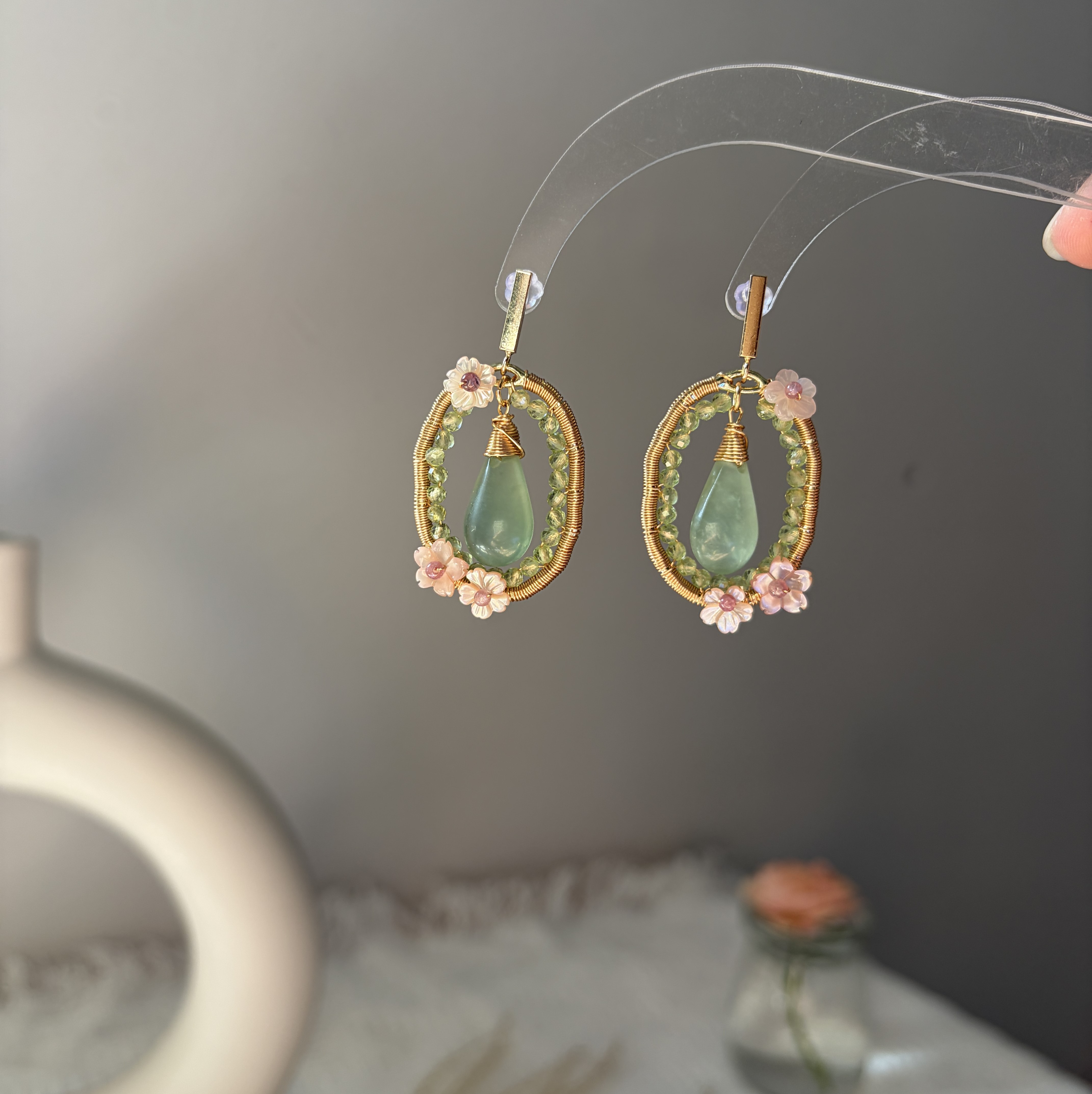 Green Dew Blossom Earrings | Handmade Serpentine, Peridot & Pink Shell Flower Earrings