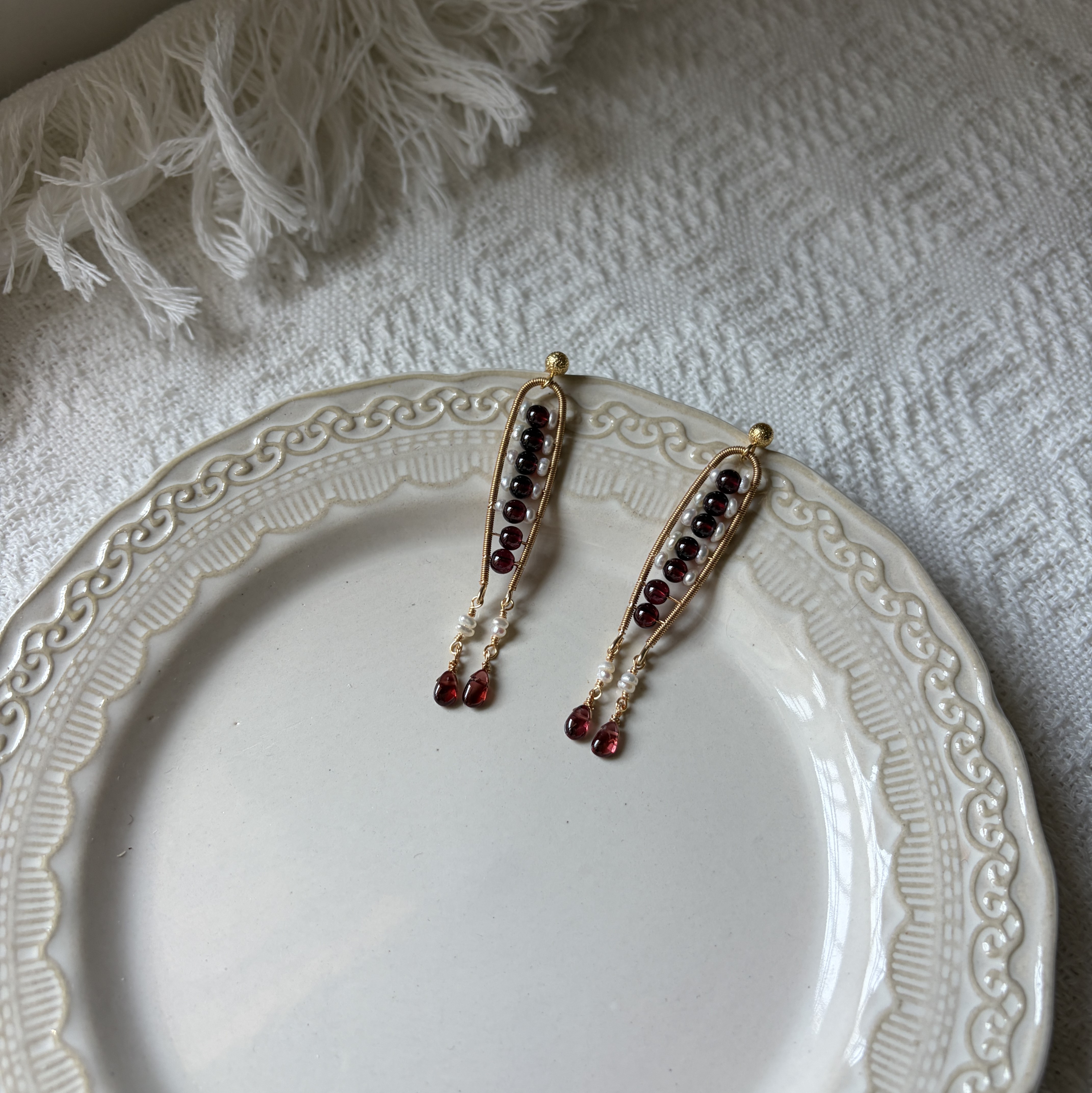 Joyful Fish Garnet Earrings | Handmade Wire Wrapped Garnet & Freshwater Pearl Earrings