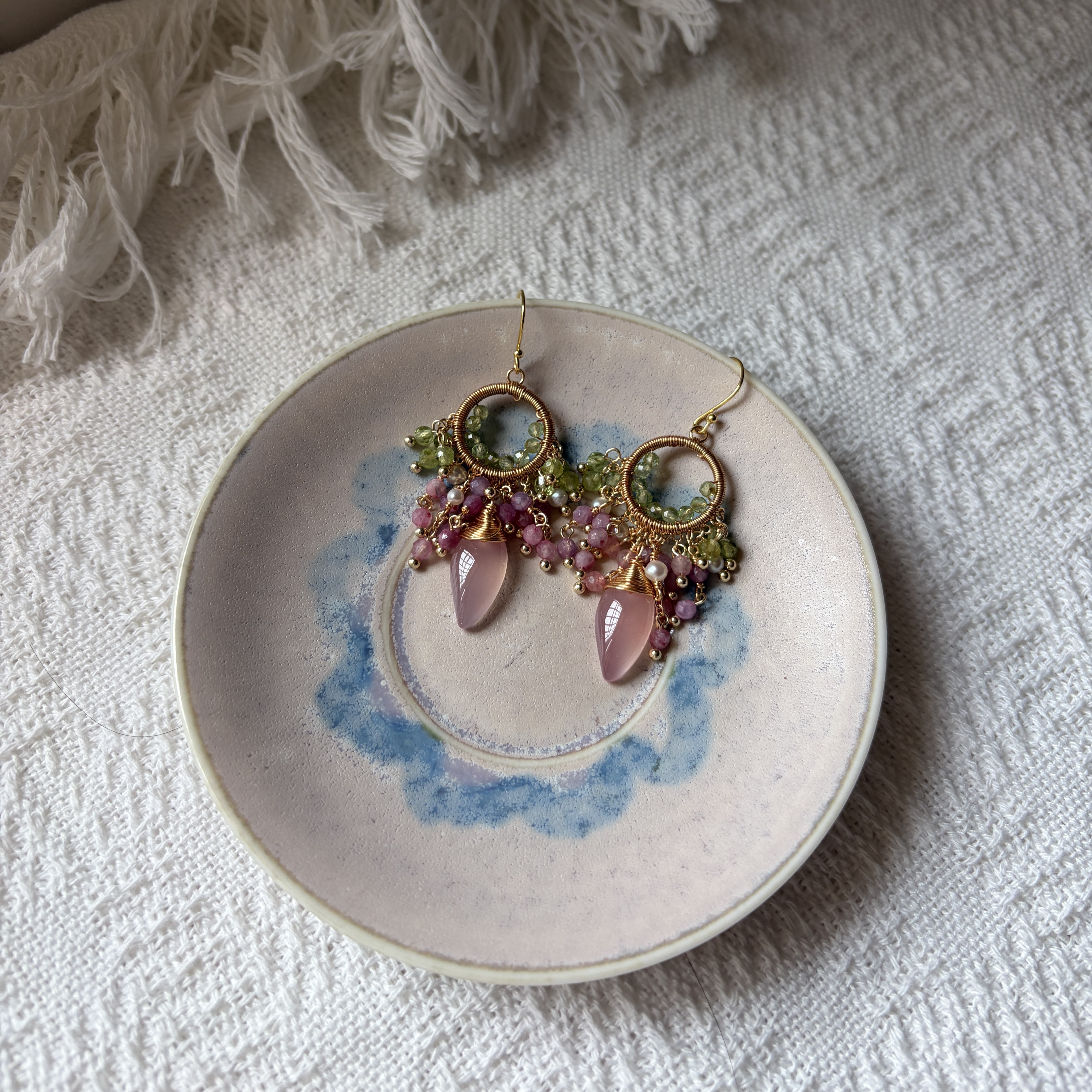 Pink Tourmaline & Peridot Cluster Earrings | Handwired Floral Gemstone Earrings