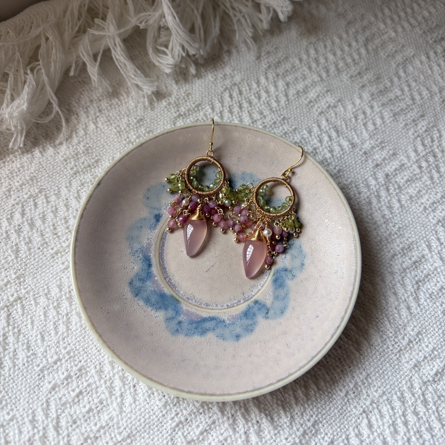 Pink Tourmaline & Peridot Cluster Earrings | Handwired Floral Gemstone Earrings