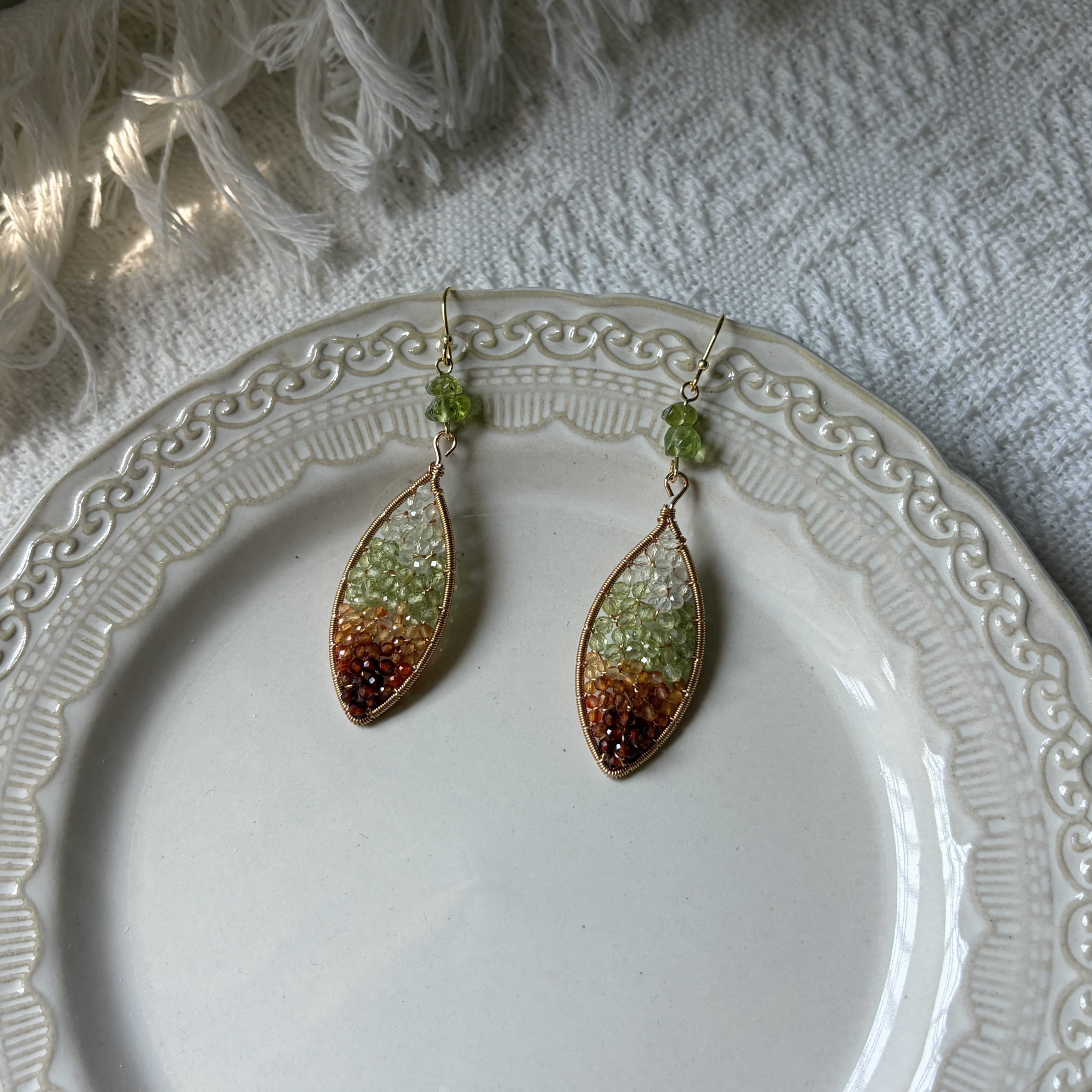 Four Seasons Leaf Earrings | Handmade Prehnite, Peridot, Garnet & Carnelian Gemstone Earrings