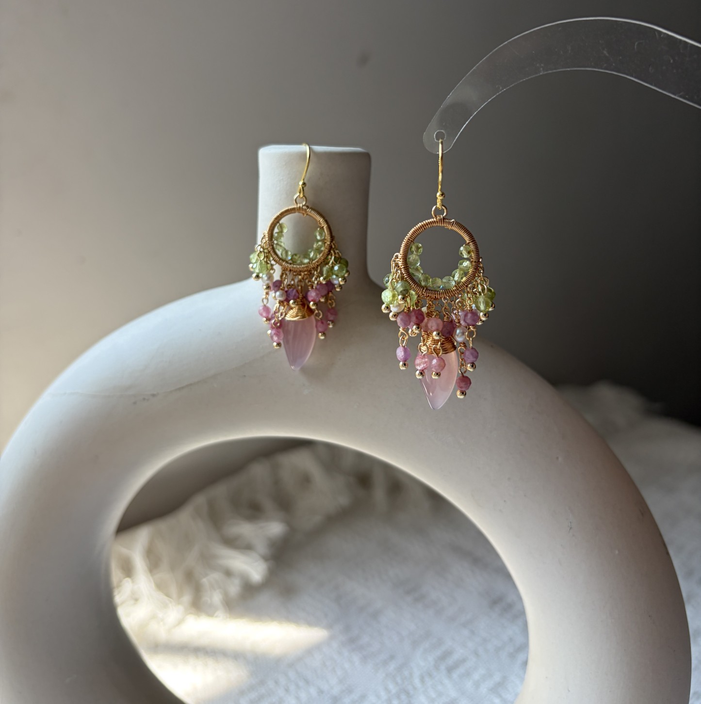 Pink Tourmaline & Peridot Cluster Earrings | Handwired Floral Gemstone Earrings