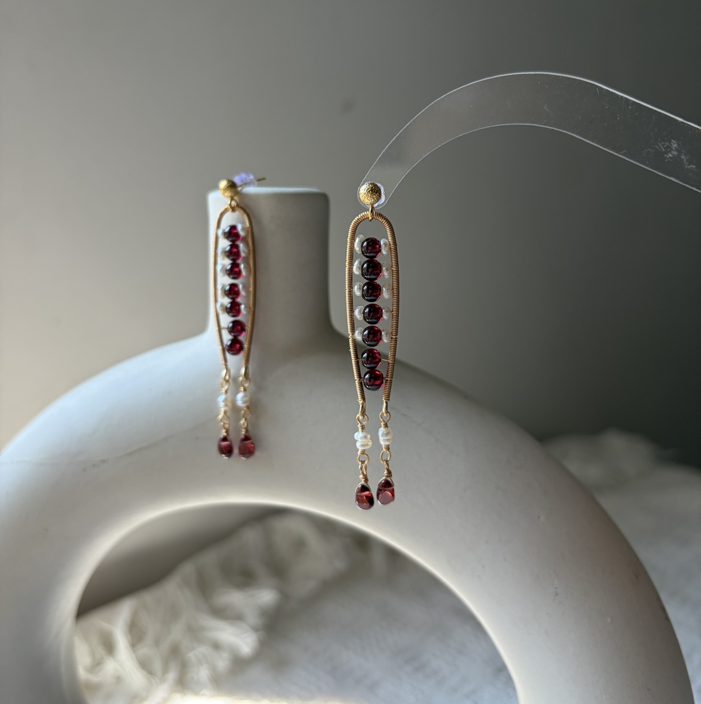 Joyful Fish Garnet Earrings | Handmade Wire Wrapped Garnet & Freshwater Pearl Earrings