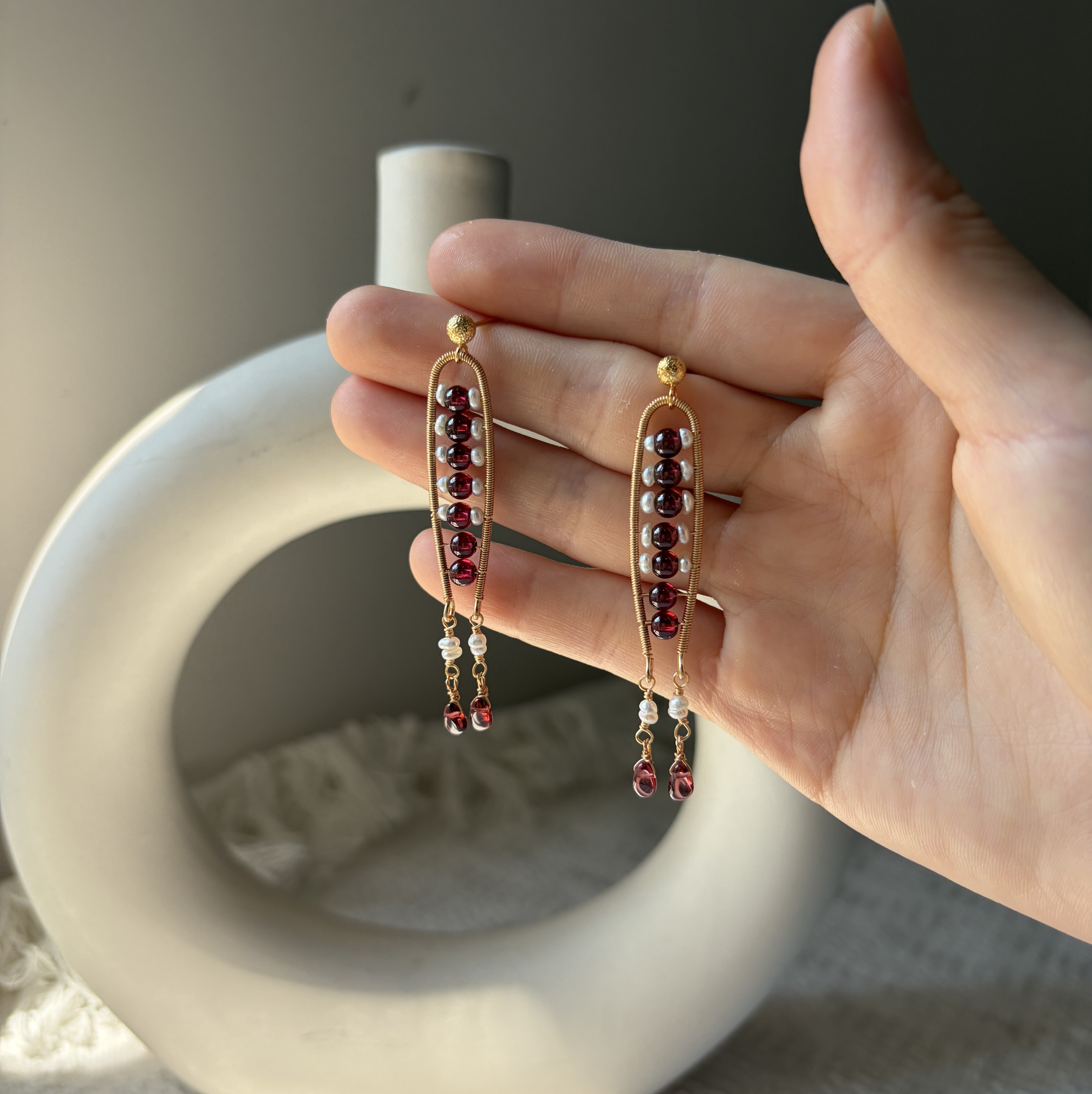 Joyful Fish Garnet Earrings | Handmade Wire Wrapped Garnet & Freshwater Pearl Earrings