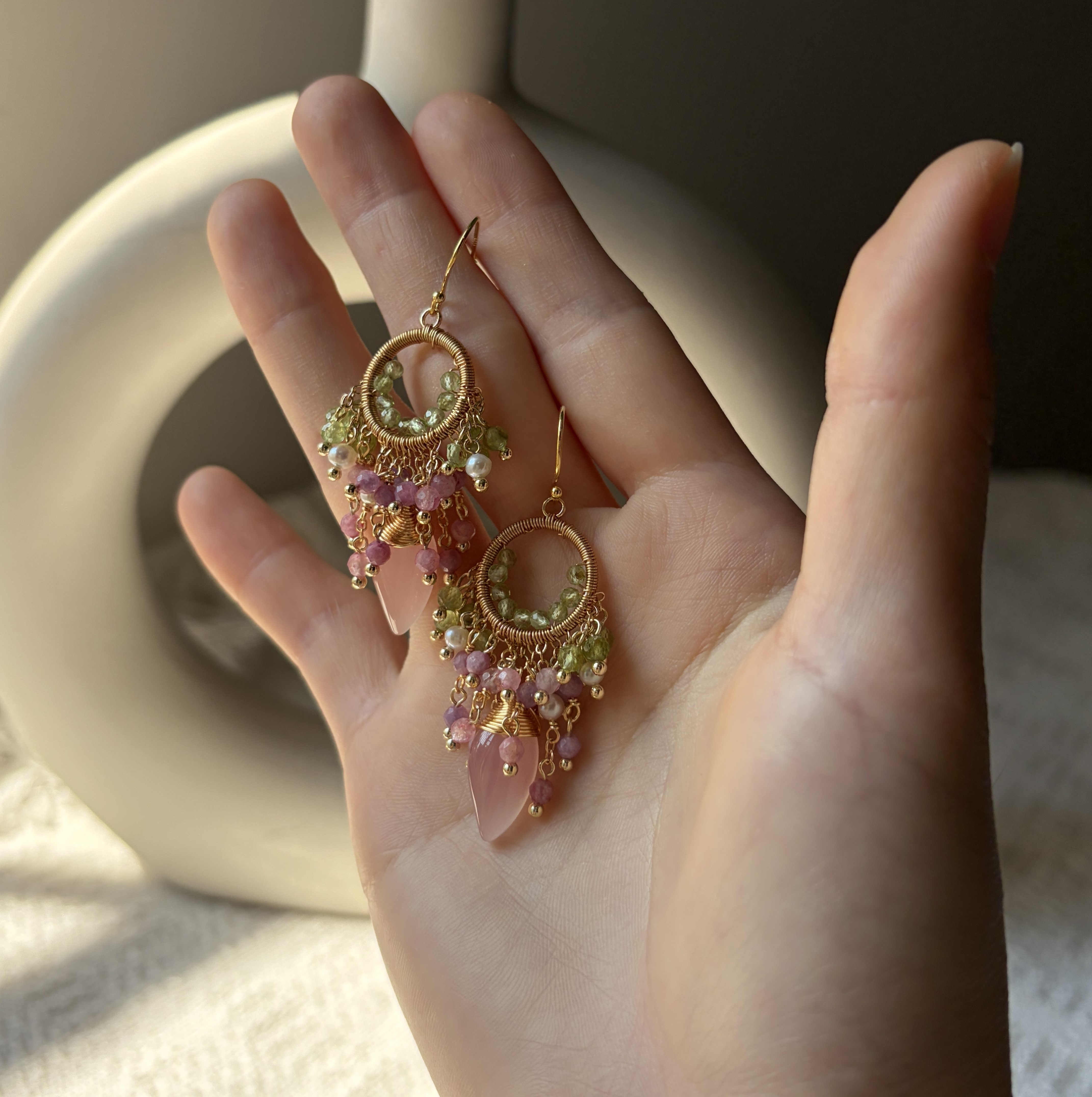 Pink Tourmaline & Peridot Cluster Earrings | Handwired Floral Gemstone Earrings