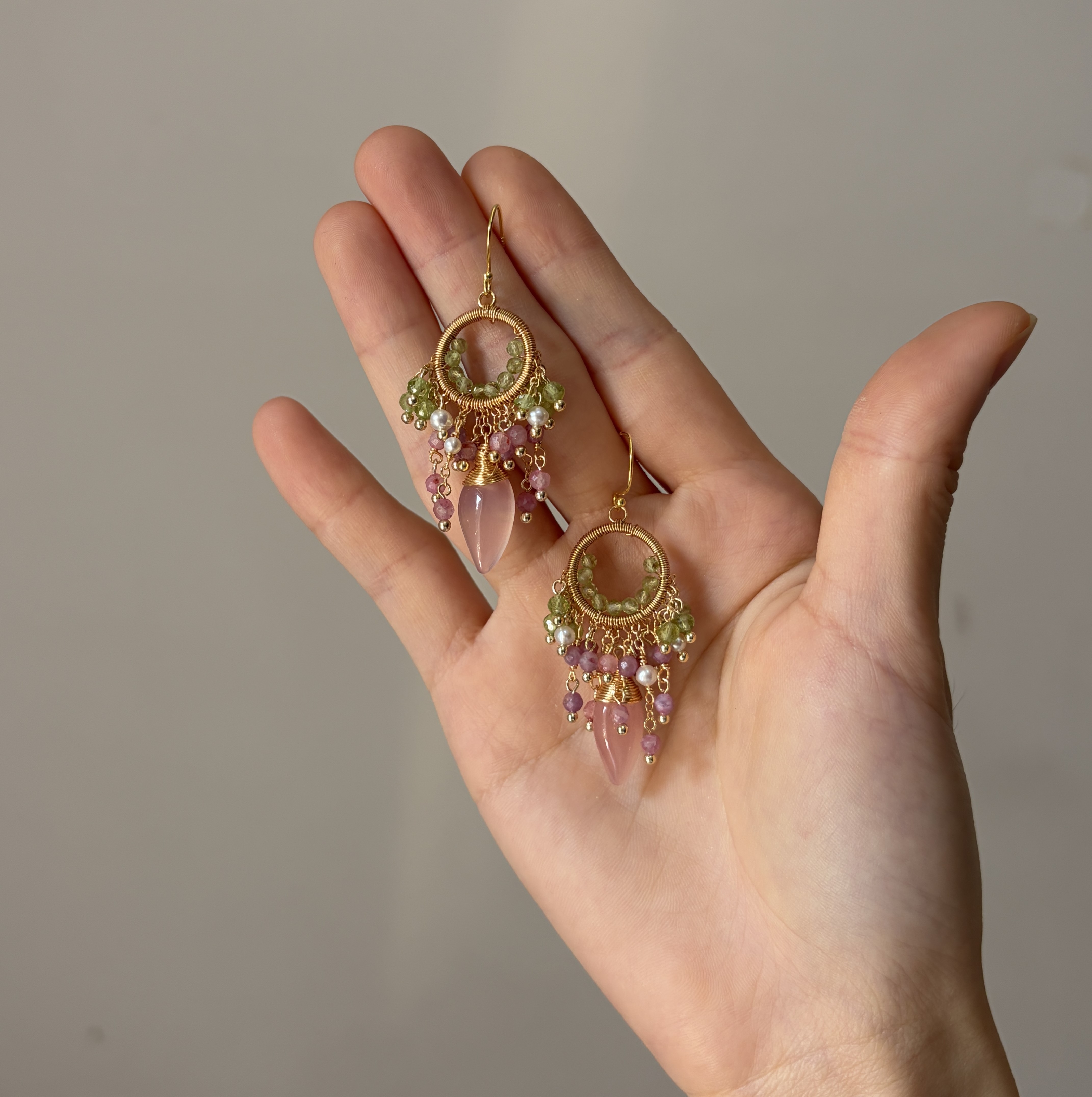 Pink Tourmaline & Peridot Cluster Earrings | Handwired Floral Gemstone Earrings