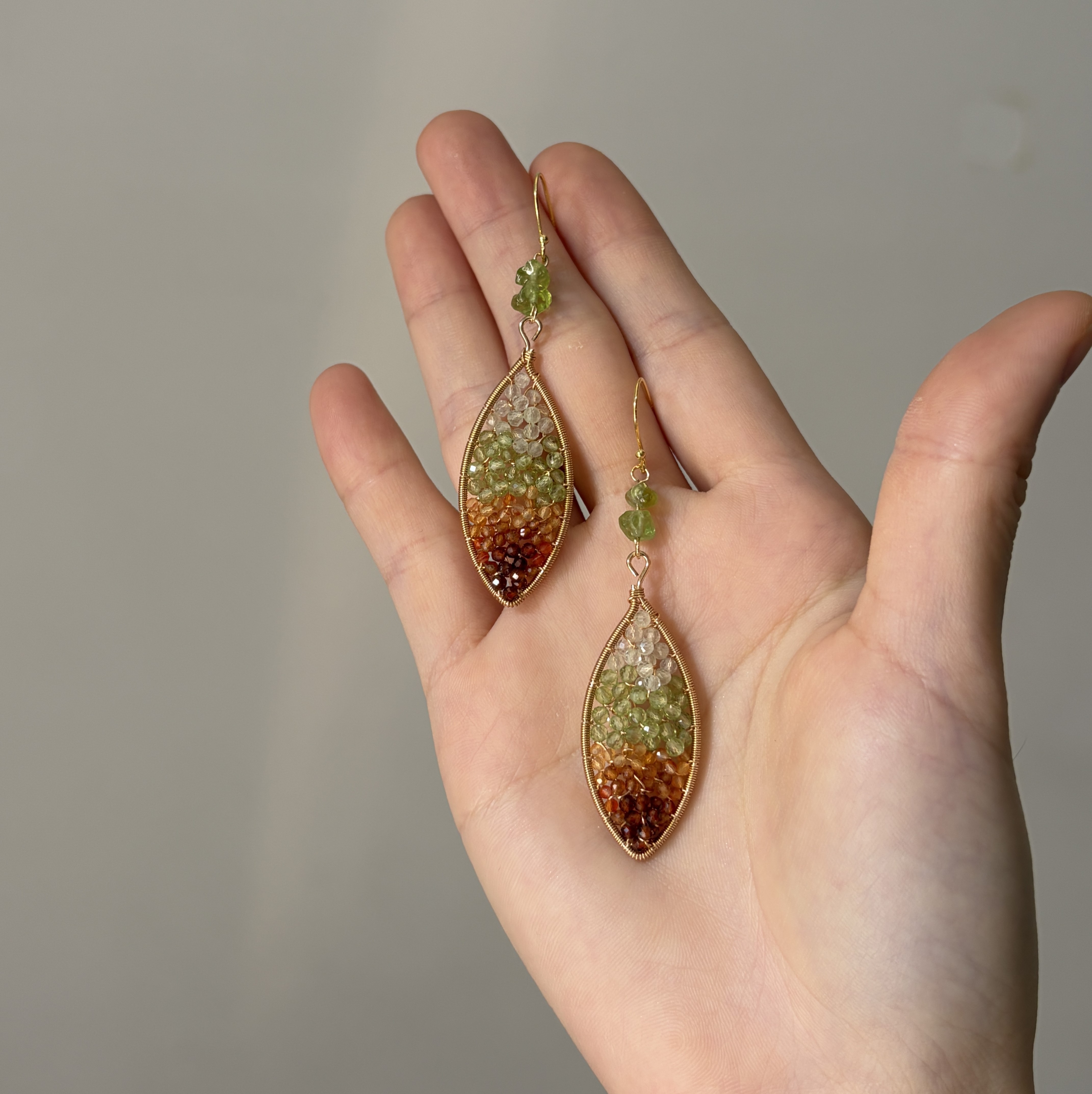 Four Seasons Leaf Earrings | Handmade Prehnite, Peridot, Garnet & Carnelian Gemstone Earrings