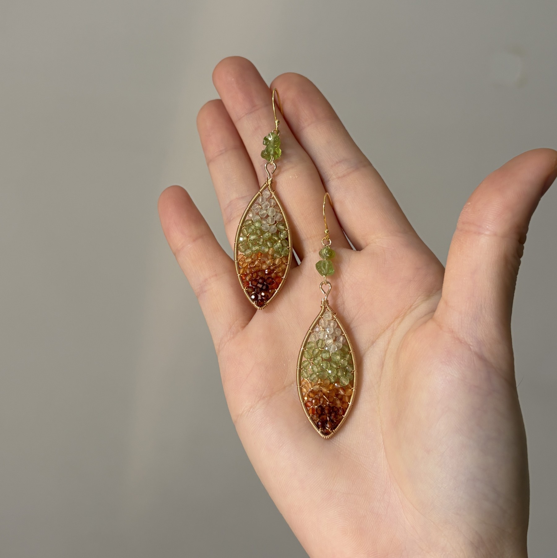 Four Seasons Leaf Earrings | Handmade Prehnite, Peridot, Garnet & Carnelian Gemstone Earrings