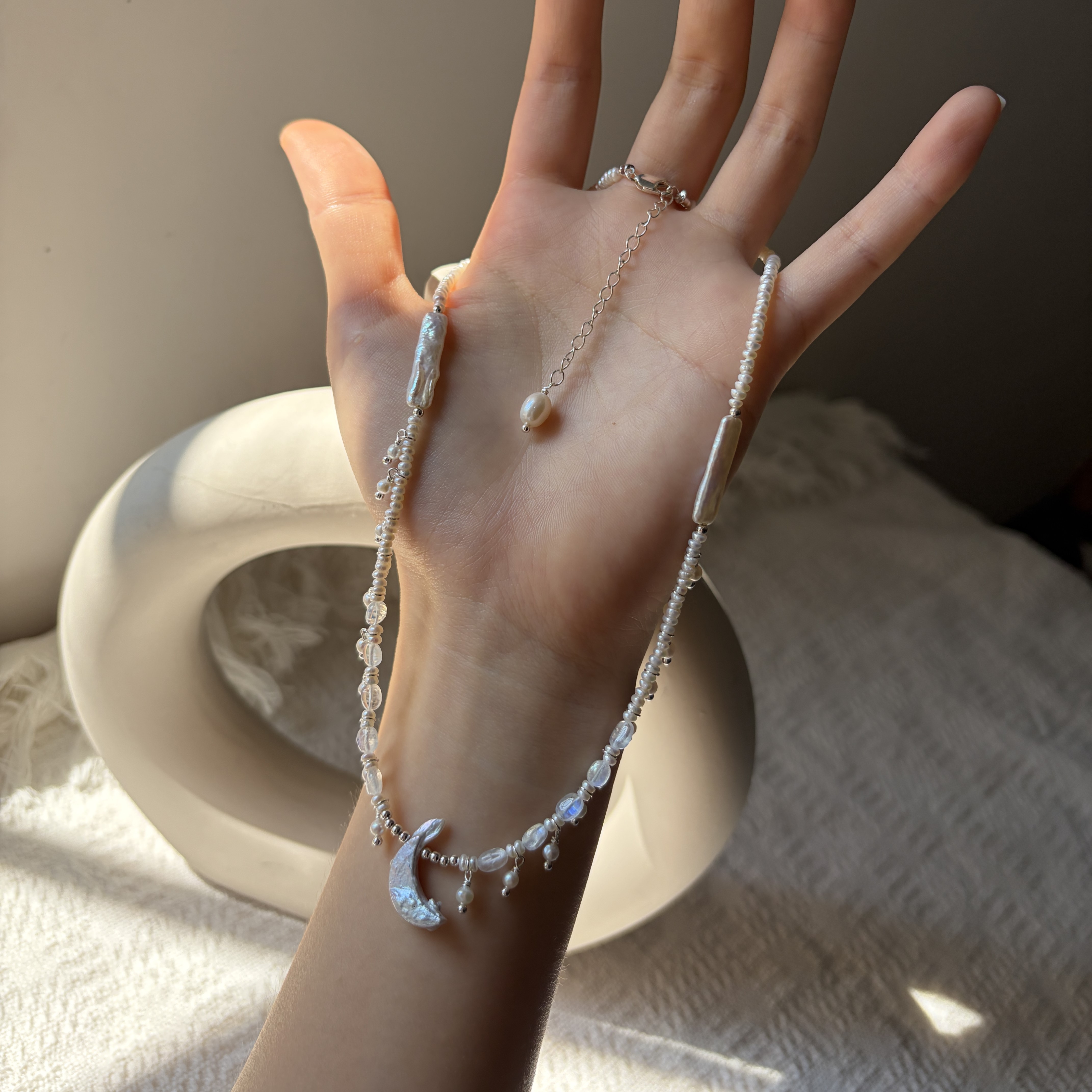 Silver Fish Chasing Moonlight Necklace | Freshwater Pearl & Moonstone Handmade Necklace