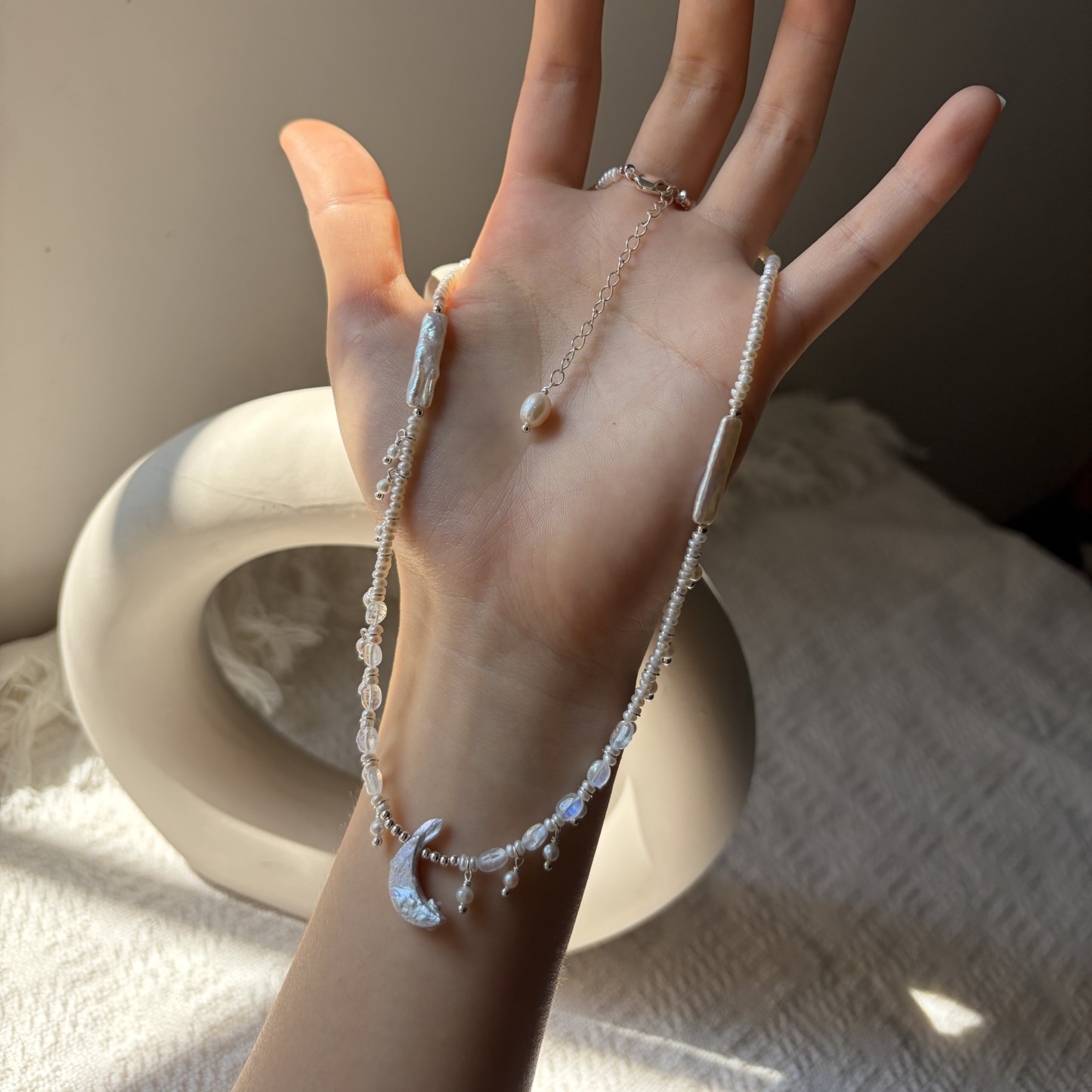 Silver Fish Chasing Moonlight Necklace | Freshwater Pearl & Moonstone Handmade Necklace