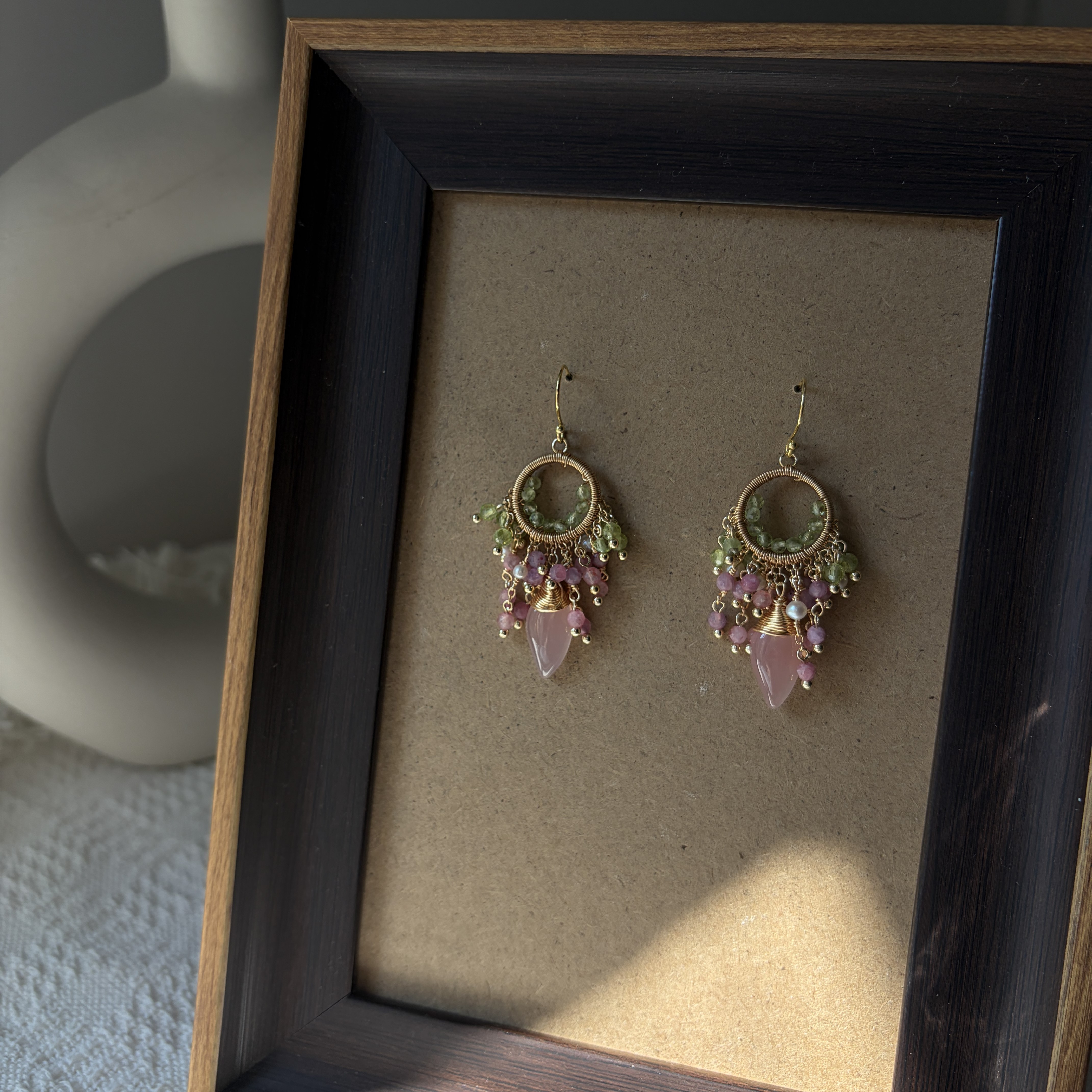 Pink Tourmaline & Peridot Cluster Earrings | Handwired Floral Gemstone Earrings