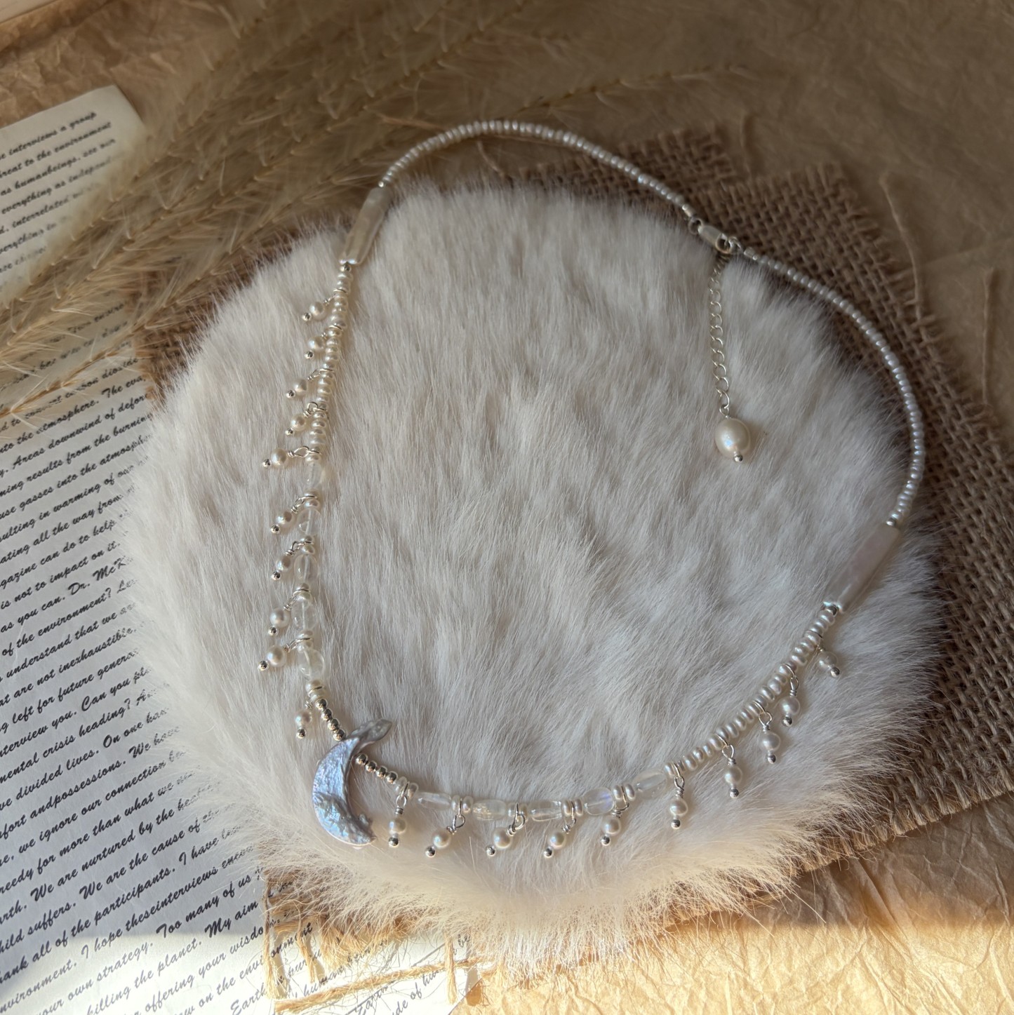 Silver Fish Chasing Moonlight Necklace | Freshwater Pearl & Moonstone Handmade Necklace