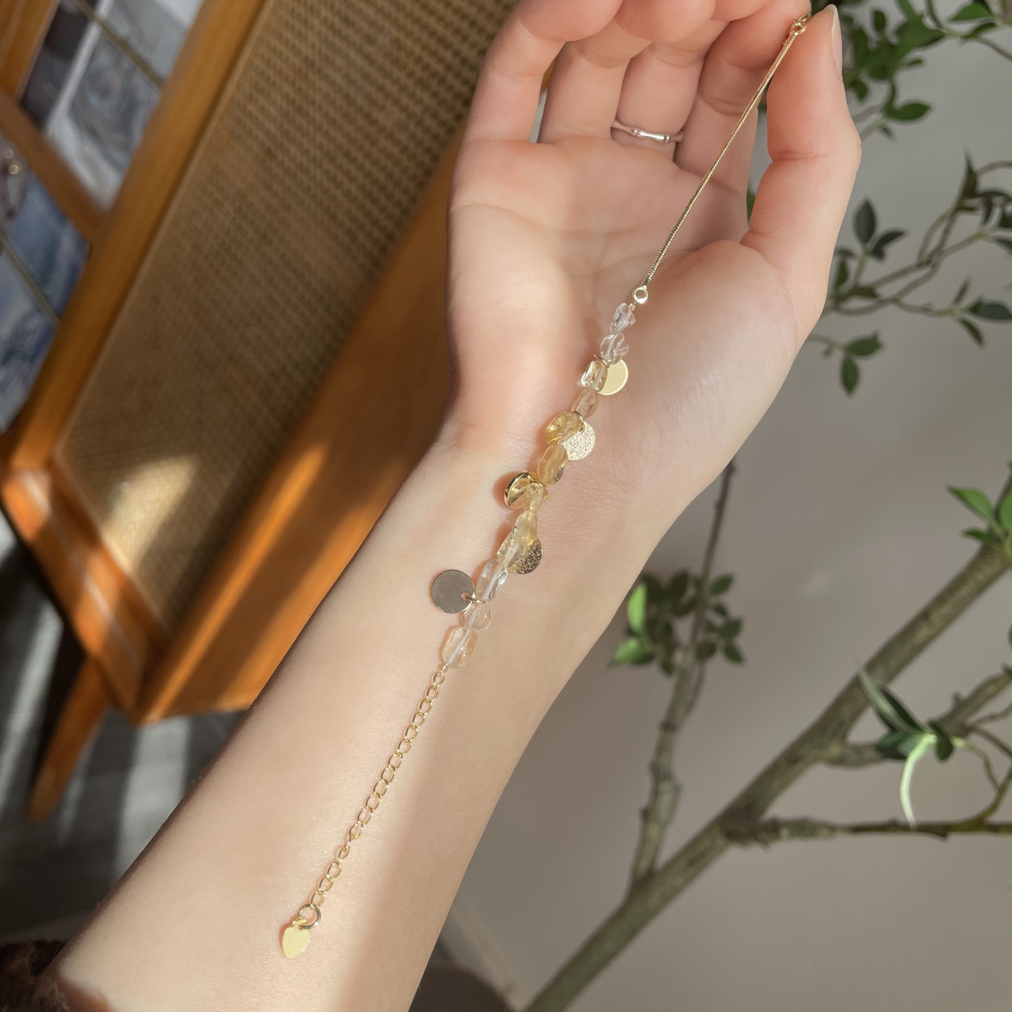 Handmade Asymmetrical Irregular Citrine Beads Bracelet with Gold Disc Charms