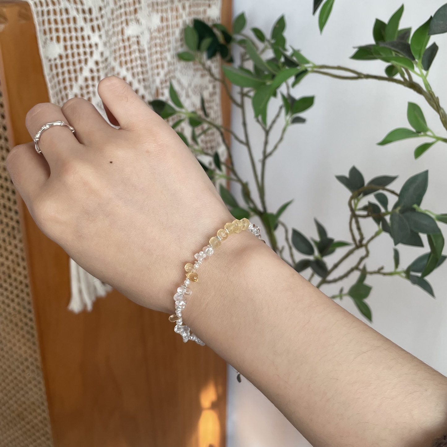 Sunlit Gold Meets Crystal Clarity Handmade Clear Quartz, Citrine, Freshwater Pearl and Sterling Silver Bracelet