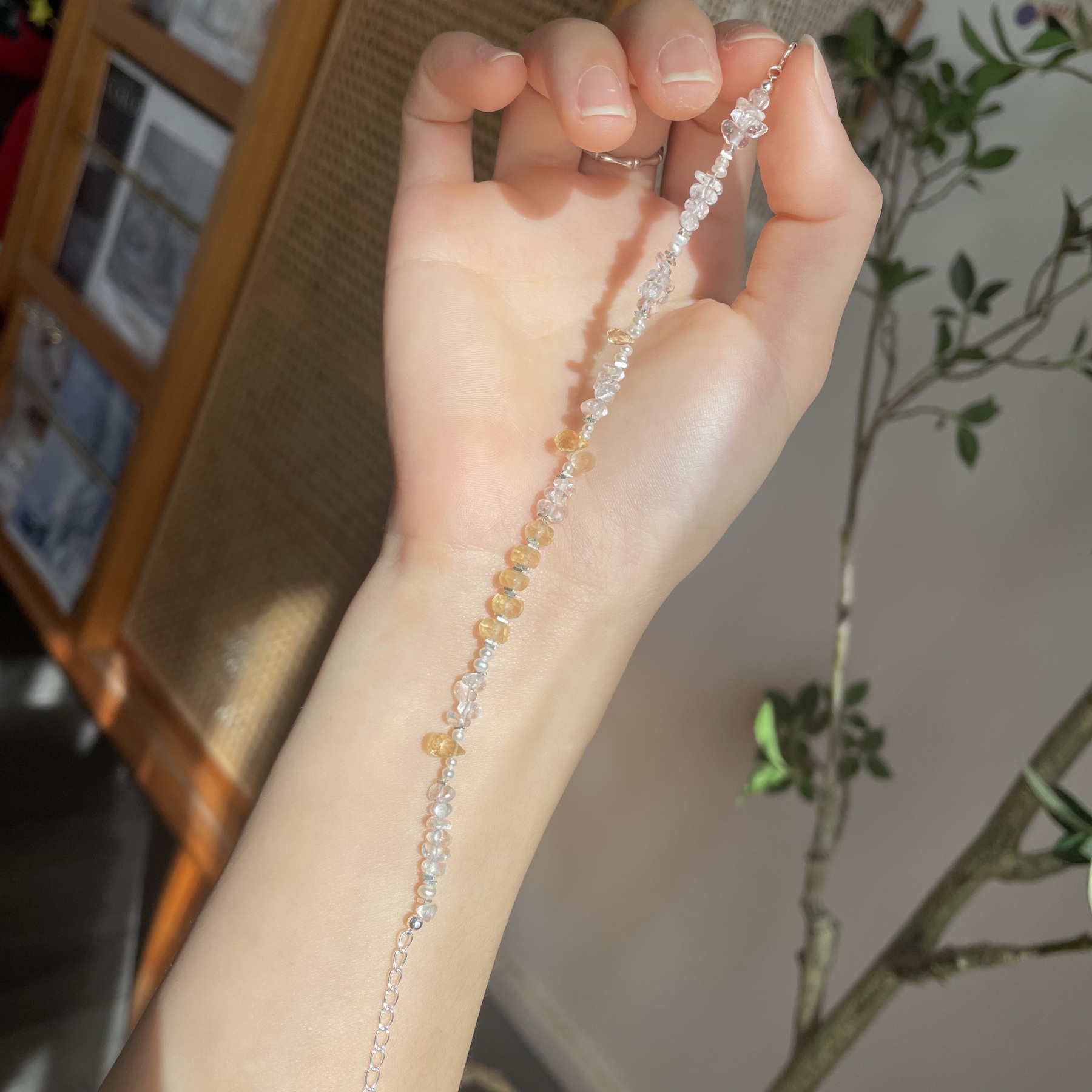 Sunlit Gold Meets Crystal Clarity Handmade Clear Quartz, Citrine, Freshwater Pearl and Sterling Silver Bracelet