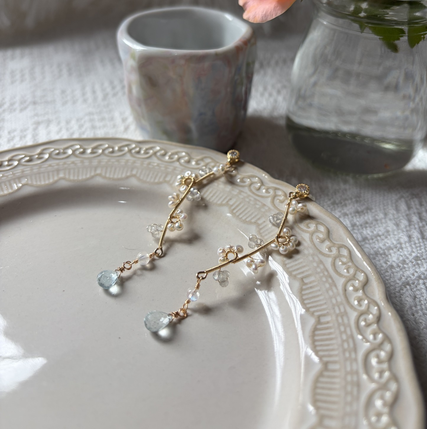 A Fragrance of Moonlight — Labradorite Aquamarine Pearl Drop Earrings | Handmade Botanical Jewelry