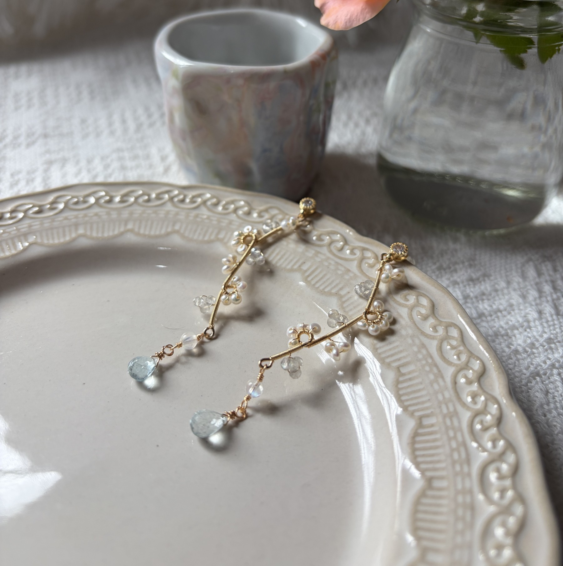 A Fragrance of Moonlight — Labradorite Aquamarine Pearl Drop Earrings | Handmade Botanical Jewelry