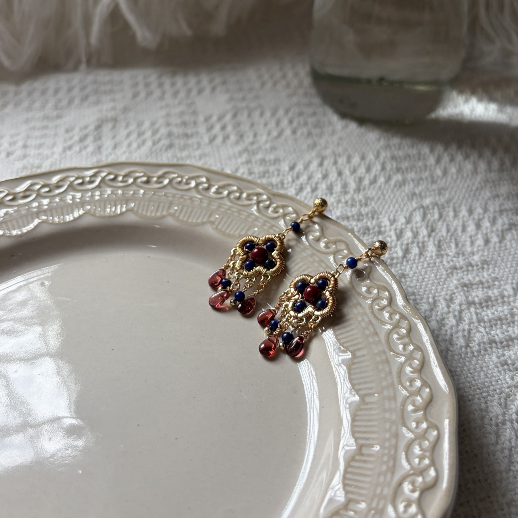 Four-Leaf Talisman Gemstone Earrings Lapis Lazuli, Cinnabar & Garnet Drop Earrings