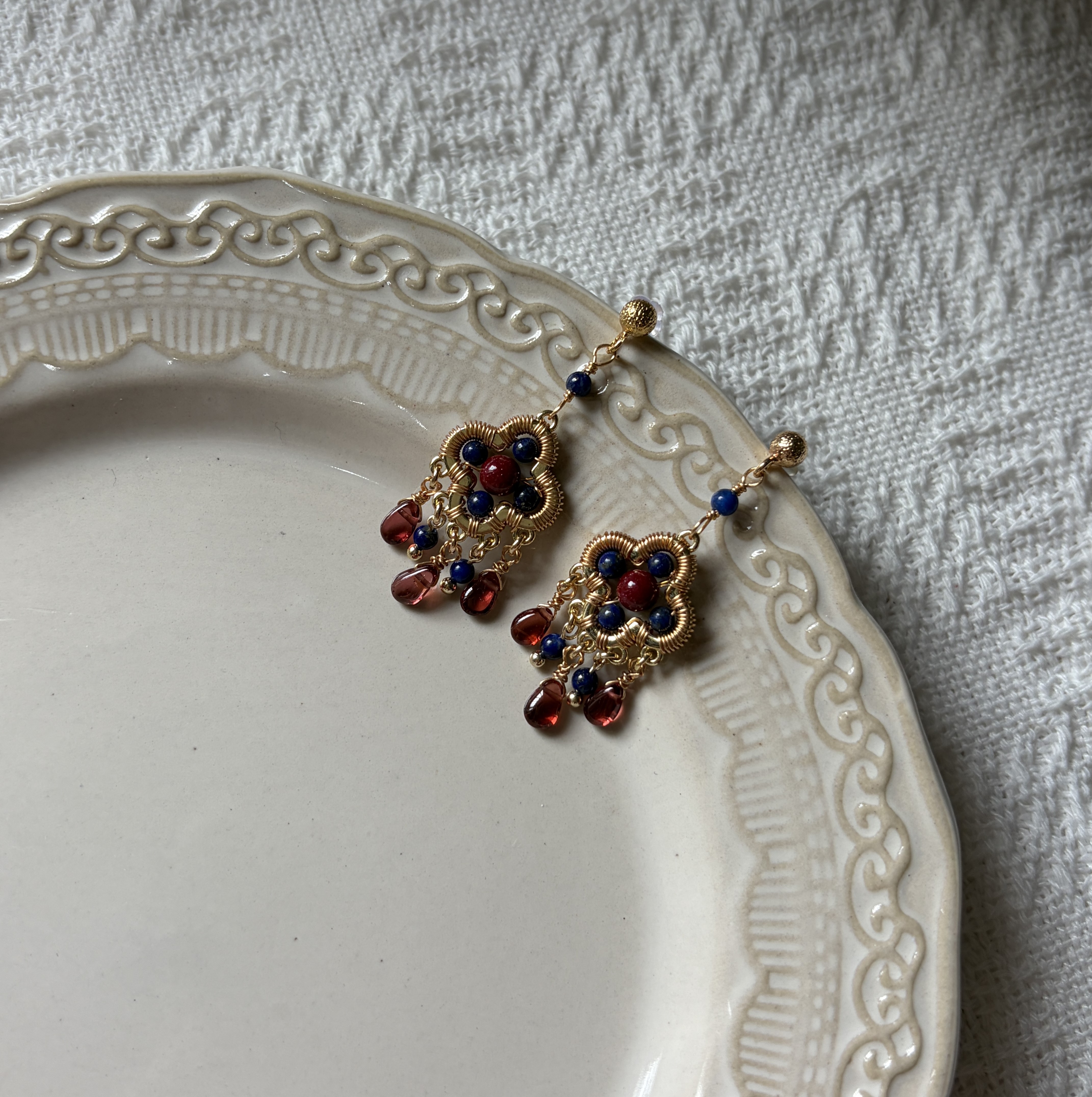 Four-Leaf Talisman Gemstone Earrings Lapis Lazuli, Cinnabar & Garnet Drop Earrings