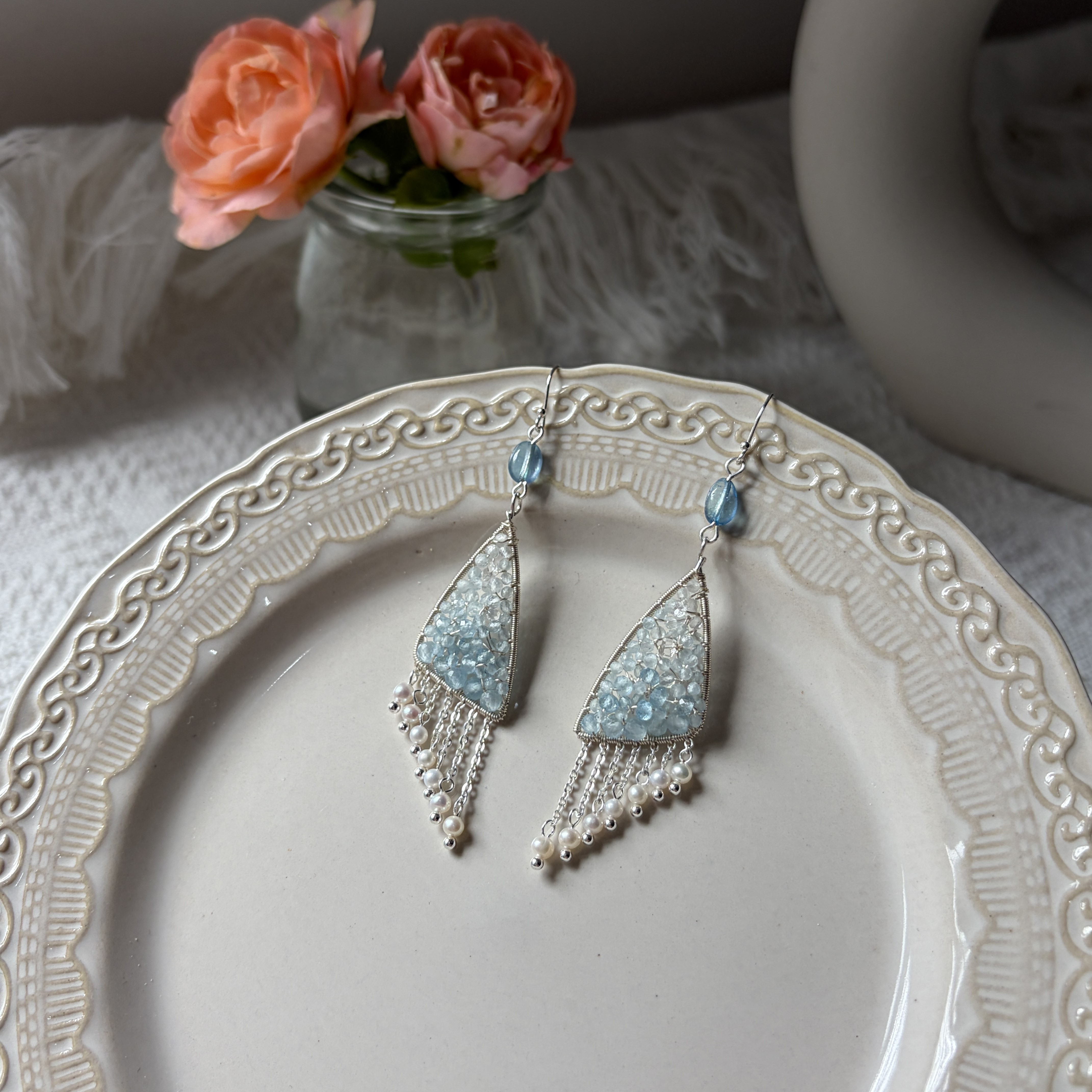 Wings of the Wind Aquamarine，Herkimer Diamond Quartz & Pearl Statement Earrings