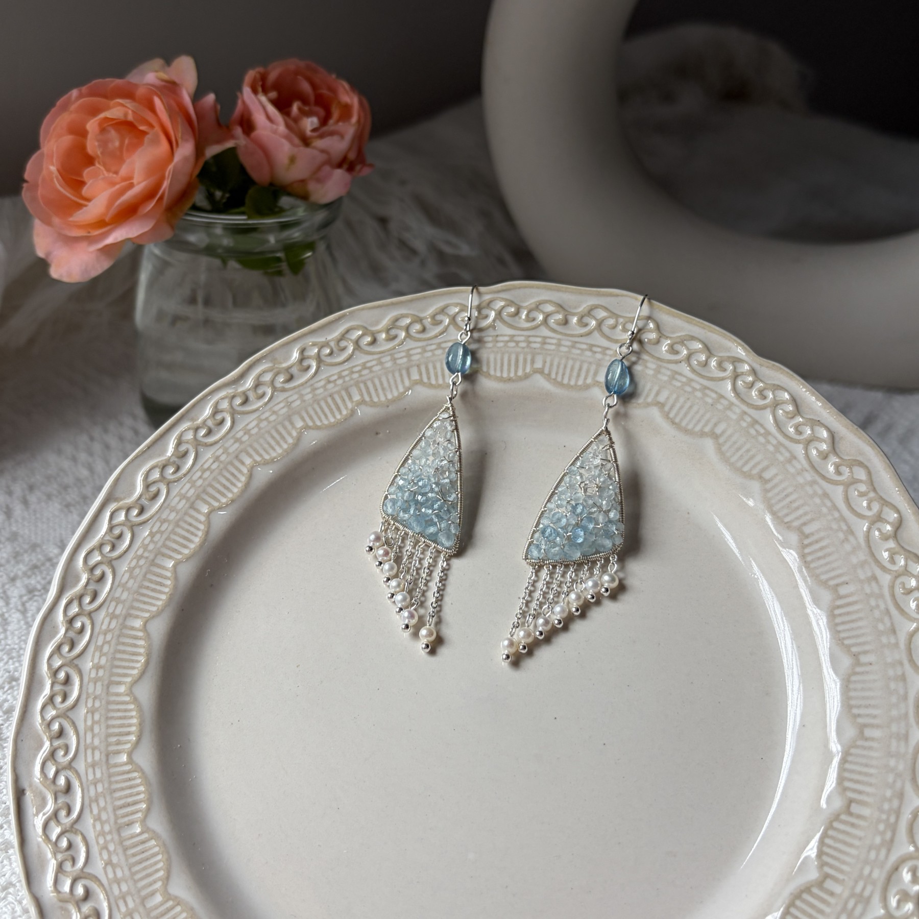 Wings of the Wind Aquamarine，Herkimer Diamond Quartz & Pearl Statement Earrings