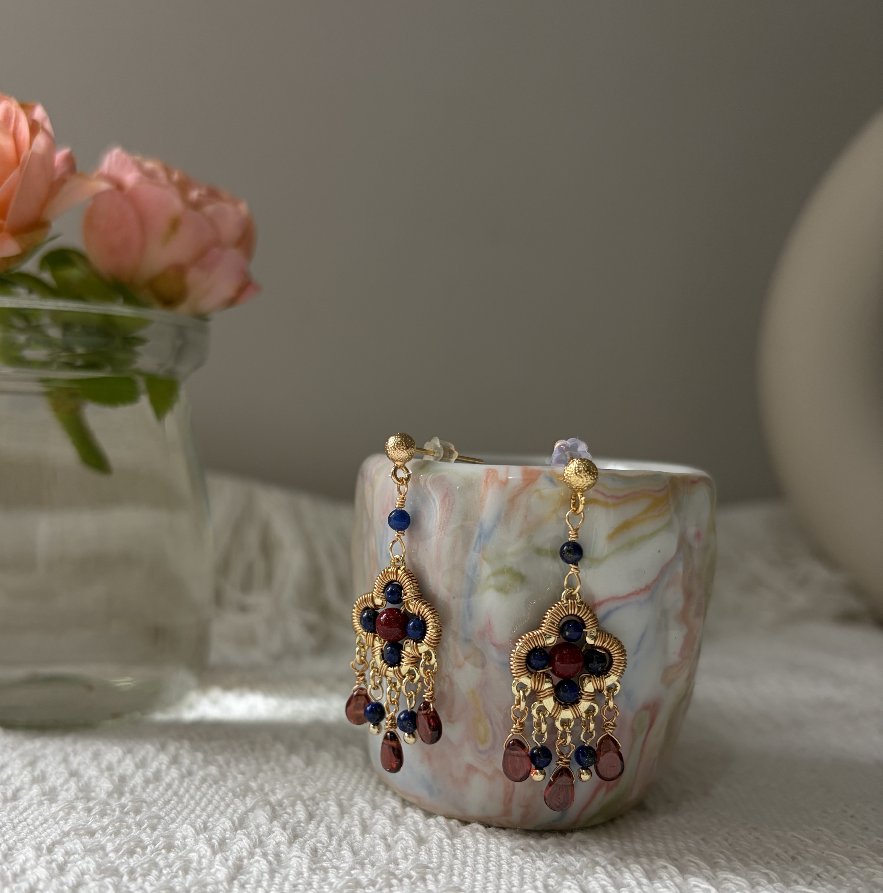 Four-Leaf Talisman Gemstone Earrings Lapis Lazuli, Cinnabar & Garnet Drop Earrings