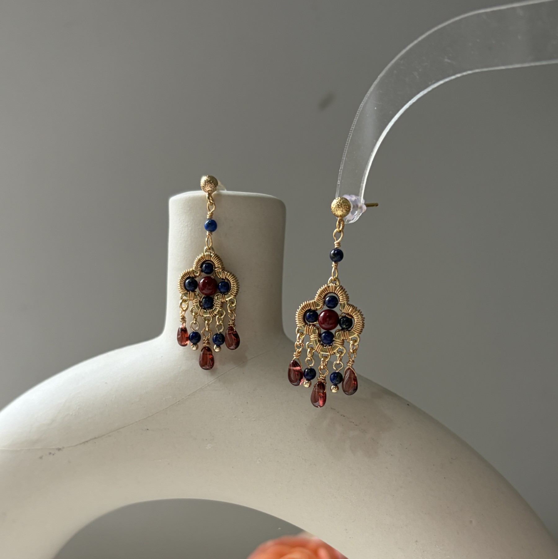 Four-Leaf Talisman Gemstone Earrings Lapis Lazuli, Cinnabar & Garnet Drop Earrings