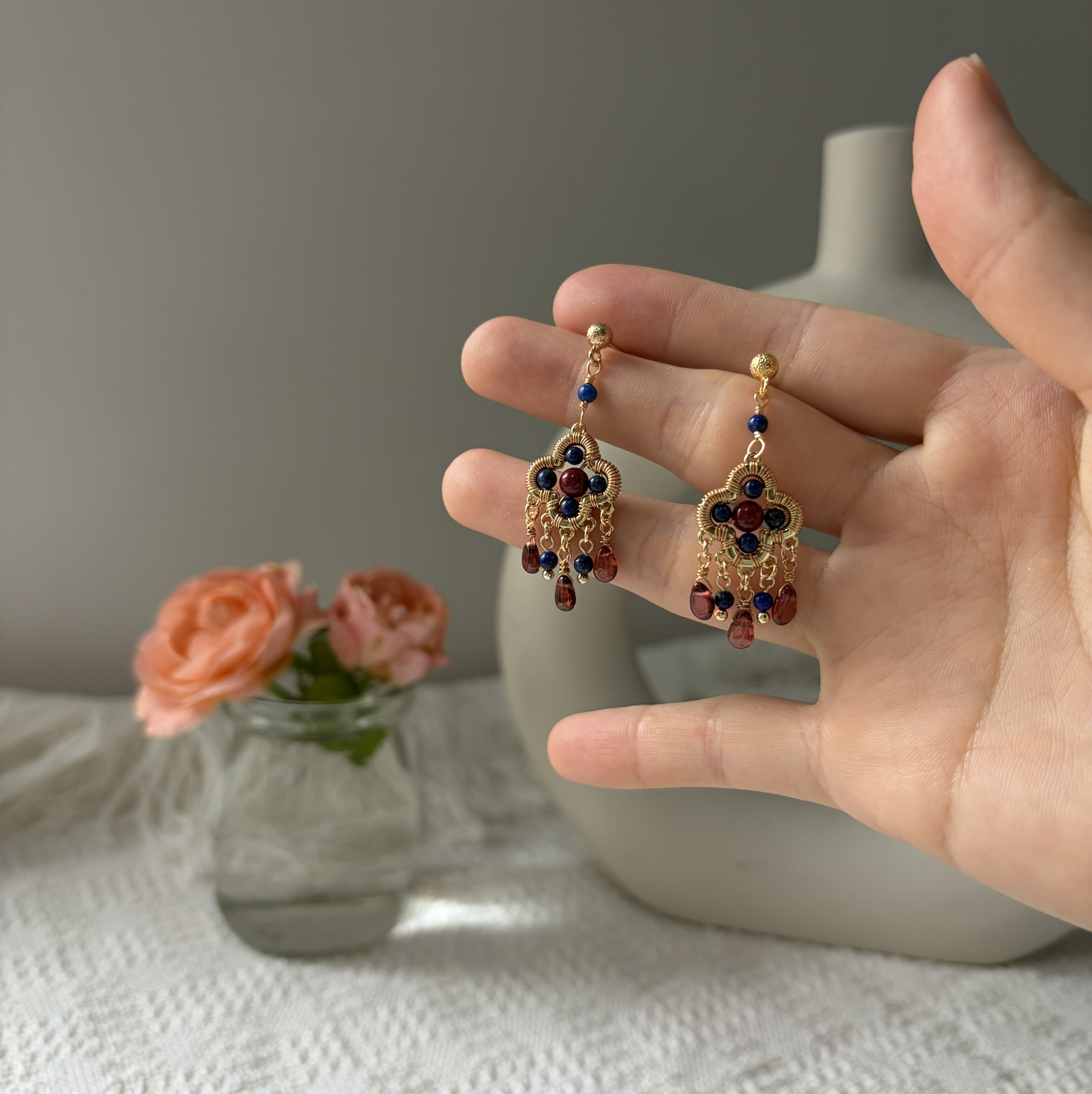 Four-Leaf Talisman Gemstone Earrings Lapis Lazuli, Cinnabar & Garnet Drop Earrings