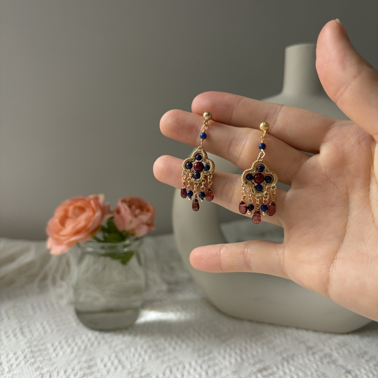 Four-Leaf Talisman Gemstone Earrings Lapis Lazuli, Cinnabar & Garnet Drop Earrings