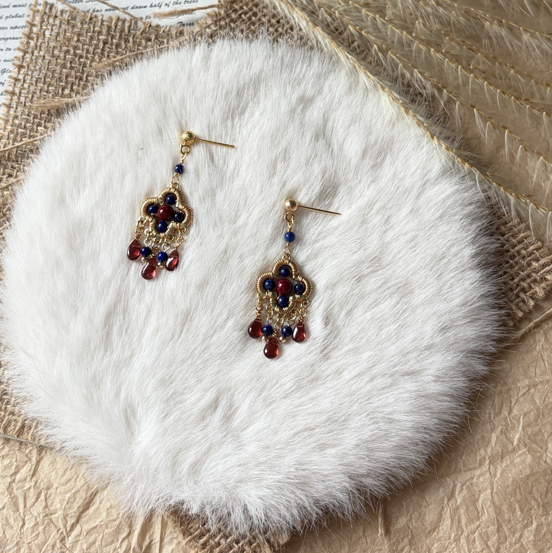Four-Leaf Talisman Gemstone Earrings Lapis Lazuli, Cinnabar & Garnet Drop Earrings