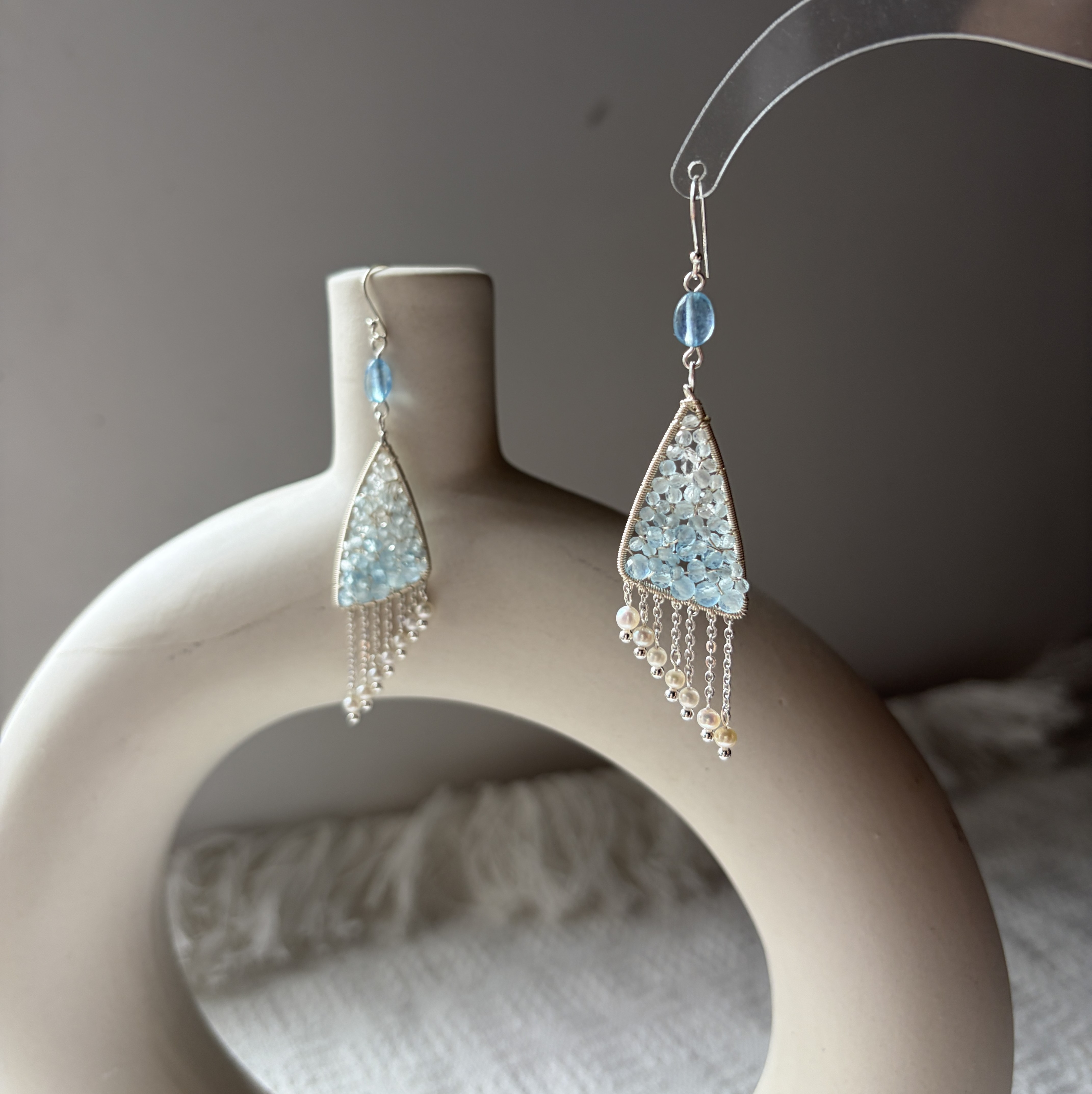 Wings of the Wind Aquamarine，Herkimer Diamond Quartz & Pearl Statement Earrings