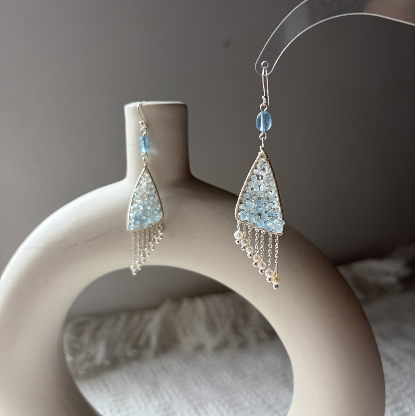 Wings of the Wind Aquamarine，Herkimer Diamond Quartz & Pearl Statement Earrings