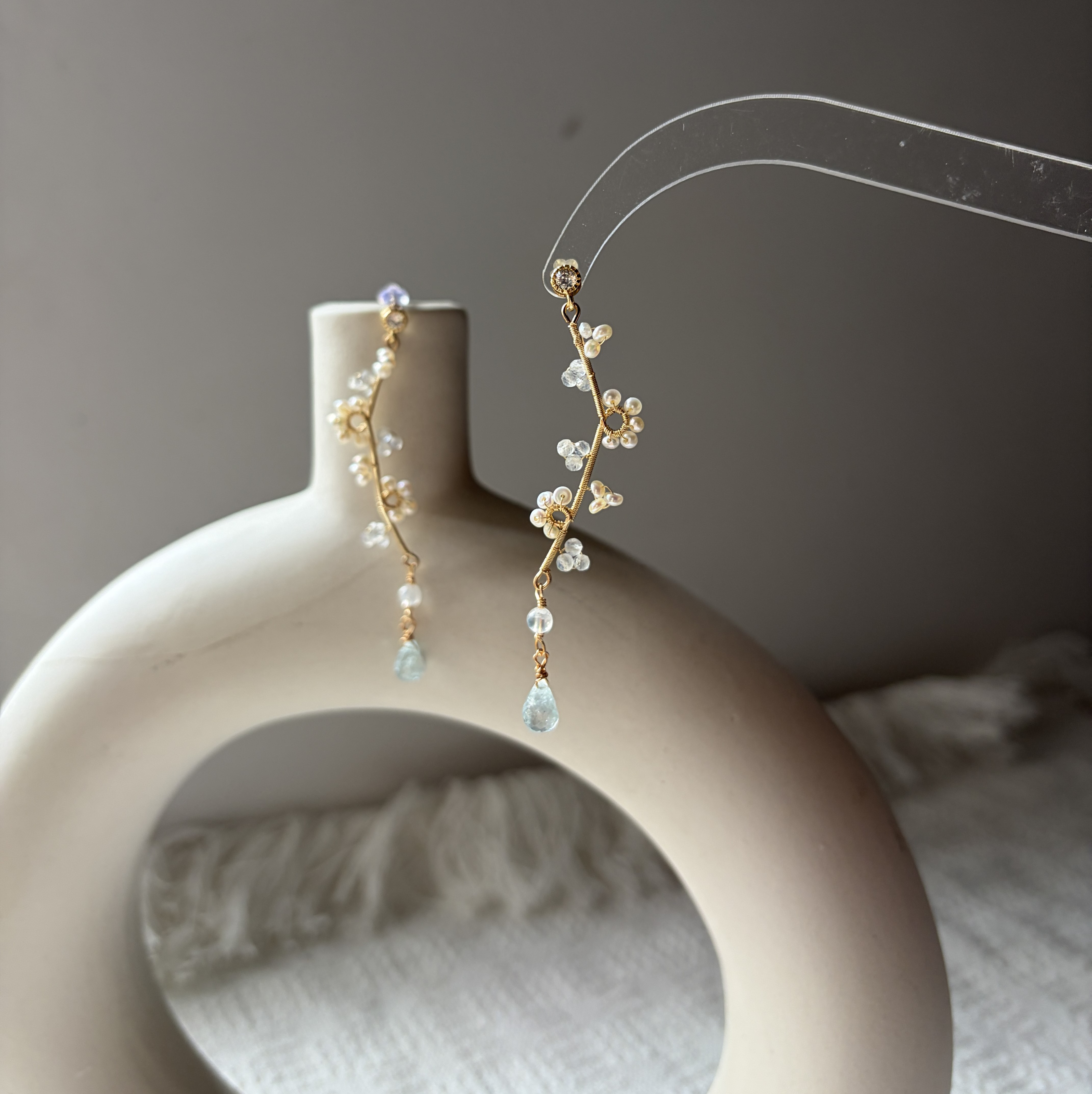 A Fragrance of Moonlight — Labradorite Aquamarine Pearl Drop Earrings | Handmade Botanical Jewelry
