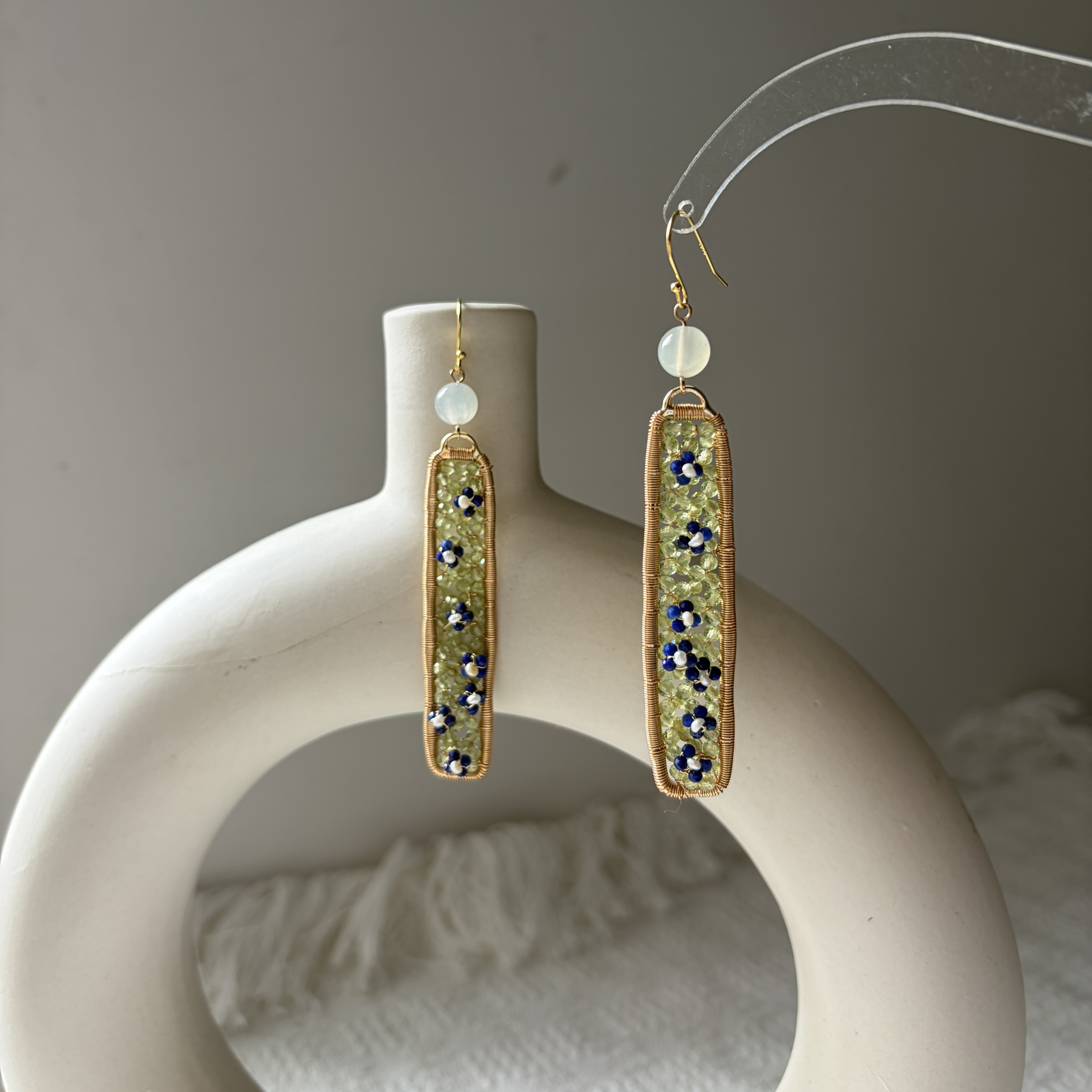 Veronica Peridot Lapis Lazuli Pearl Flower Earrings 