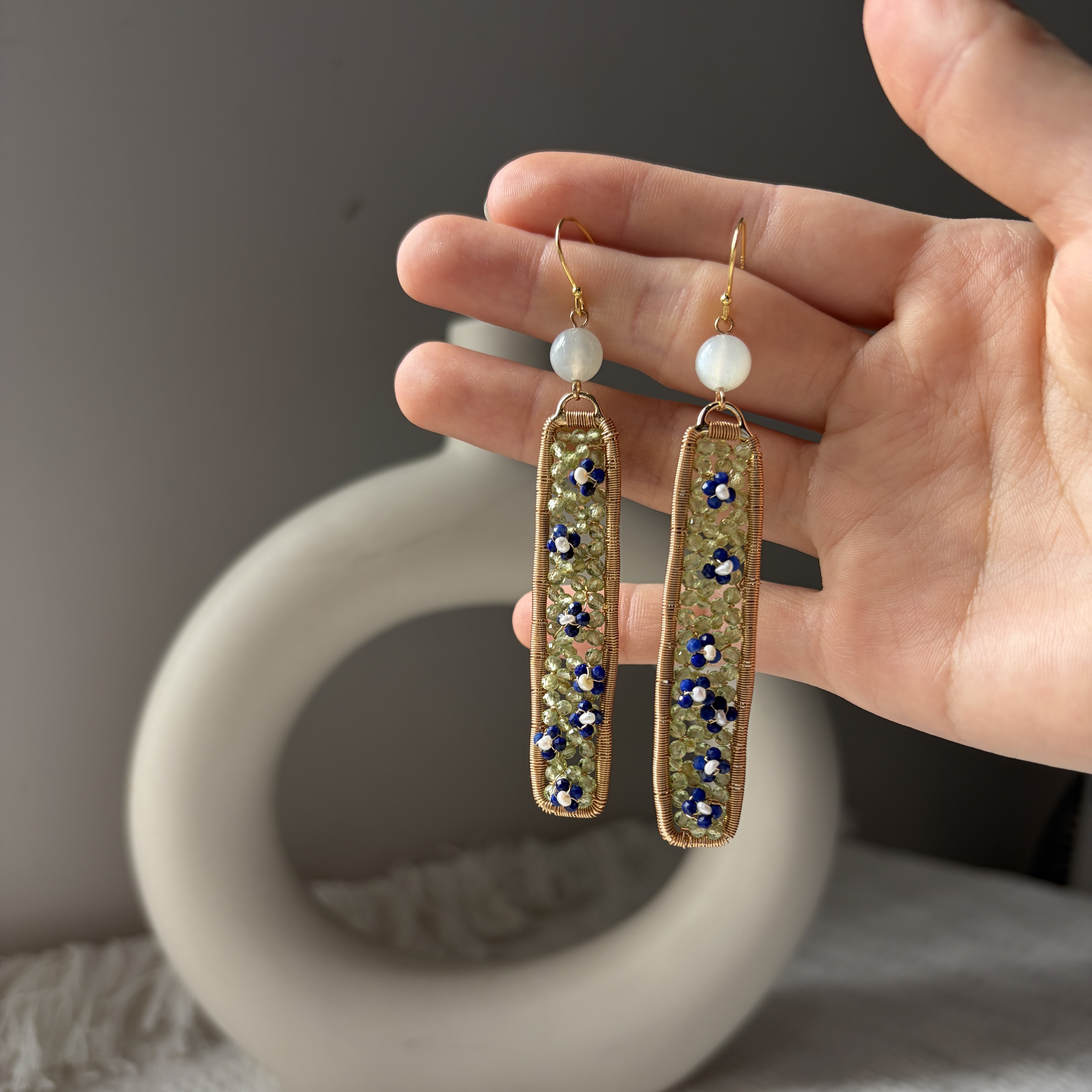 Veronica Peridot Lapis Lazuli Pearl Flower Earrings 