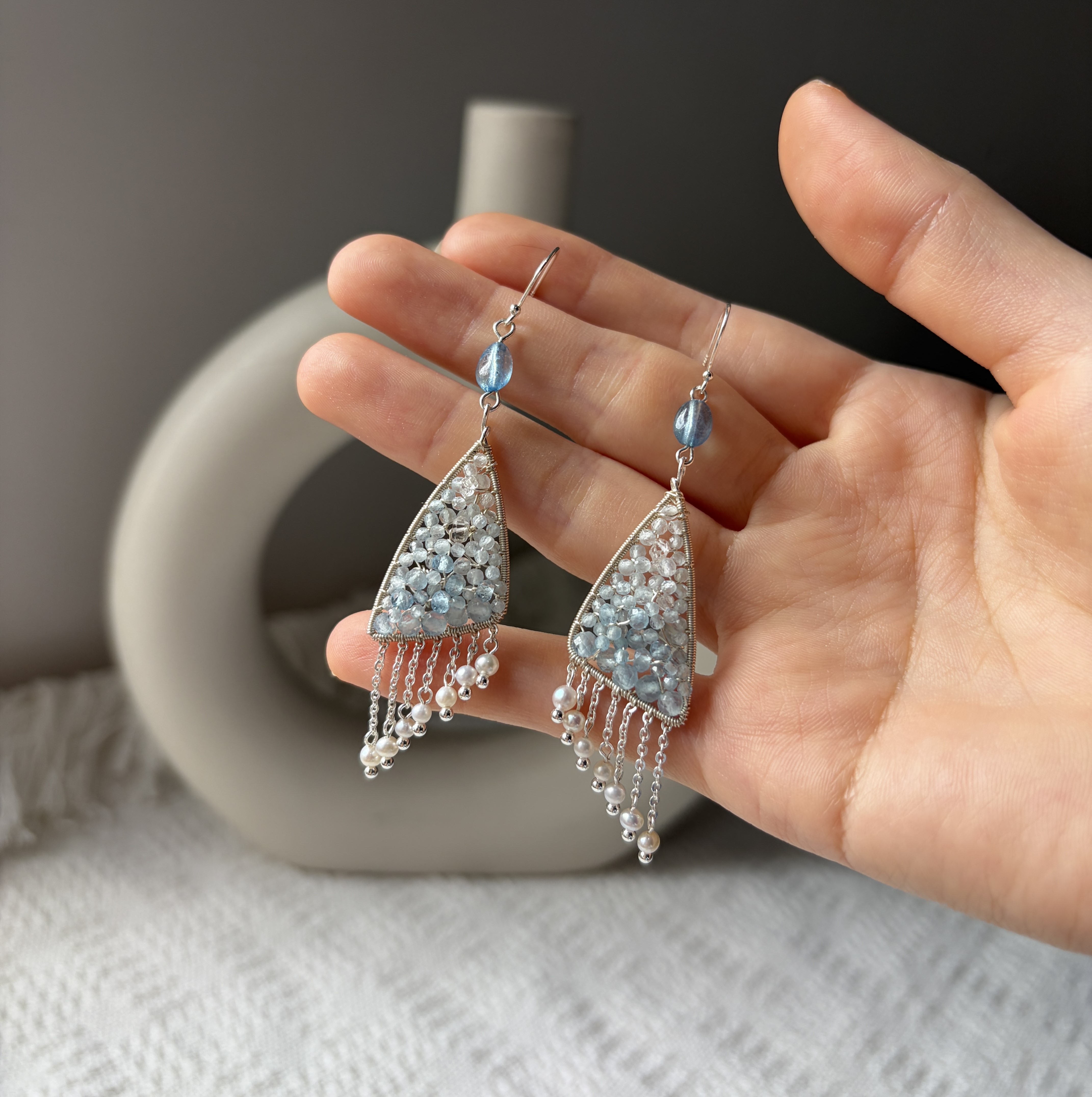 Wings of the Wind Aquamarine，Herkimer Diamond Quartz & Pearl Statement Earrings