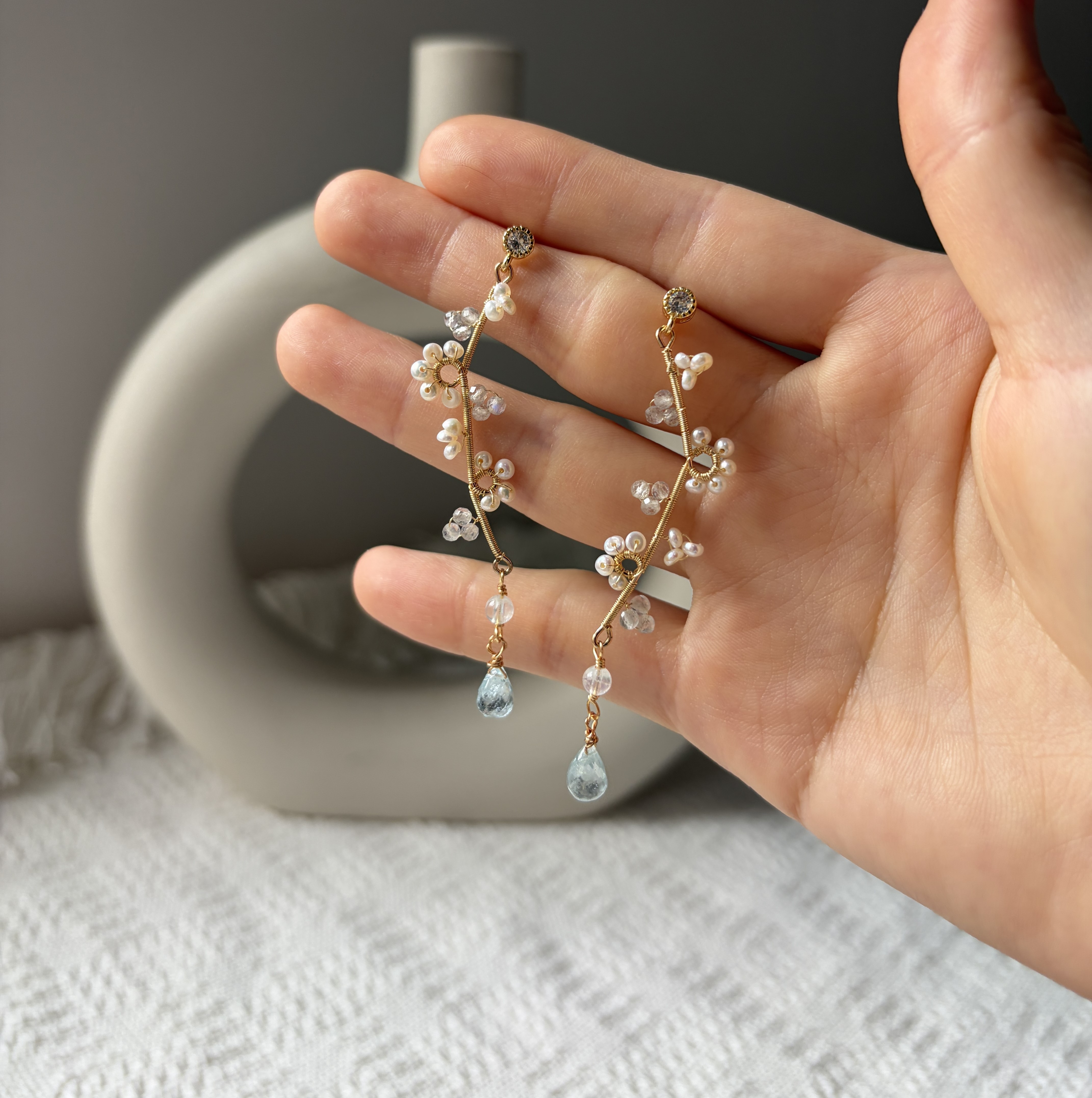 A Fragrance of Moonlight — Labradorite Aquamarine Pearl Drop Earrings | Handmade Botanical Jewelry
