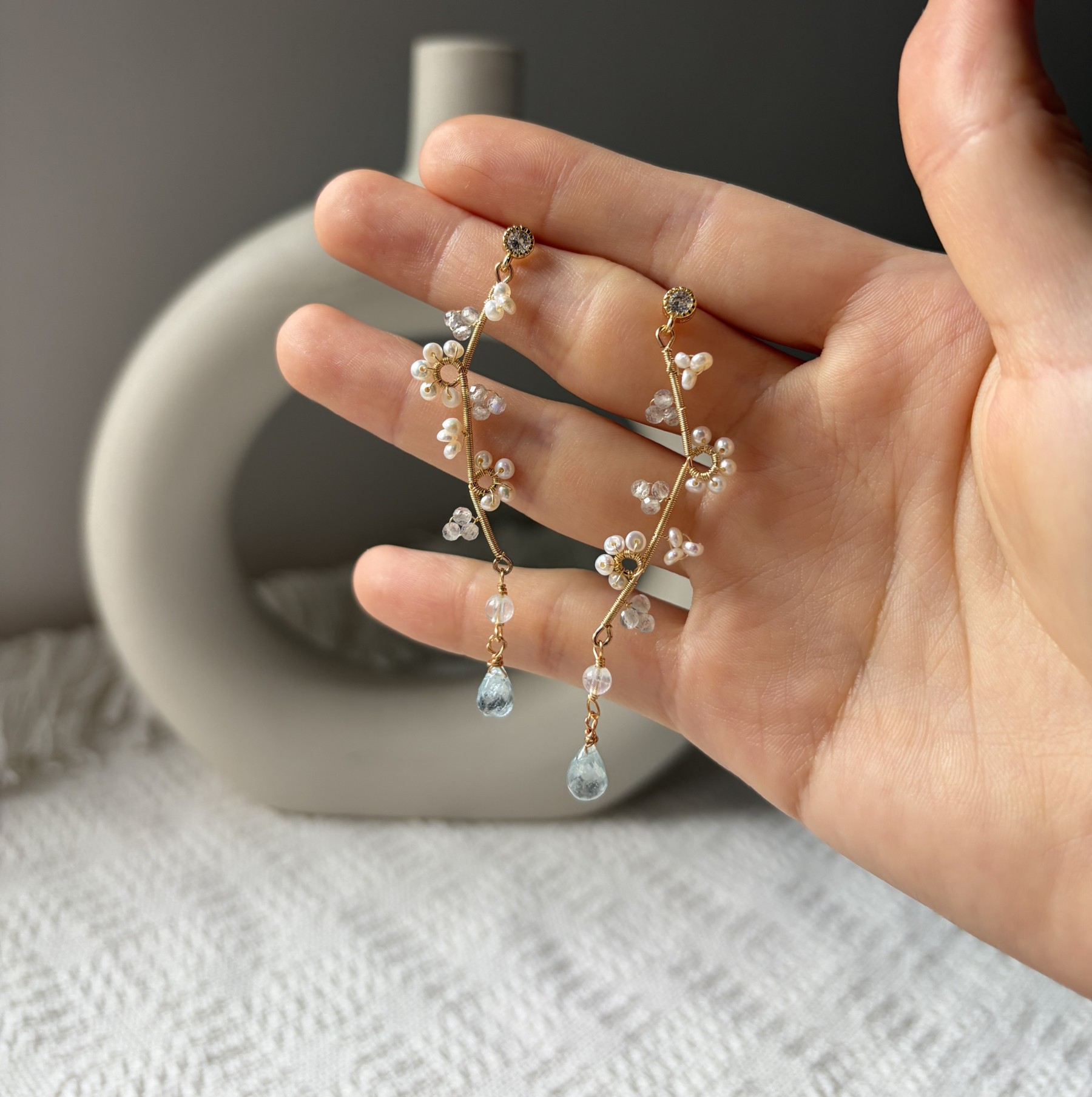 A Fragrance of Moonlight — Labradorite Aquamarine Pearl Drop Earrings | Handmade Botanical Jewelry
