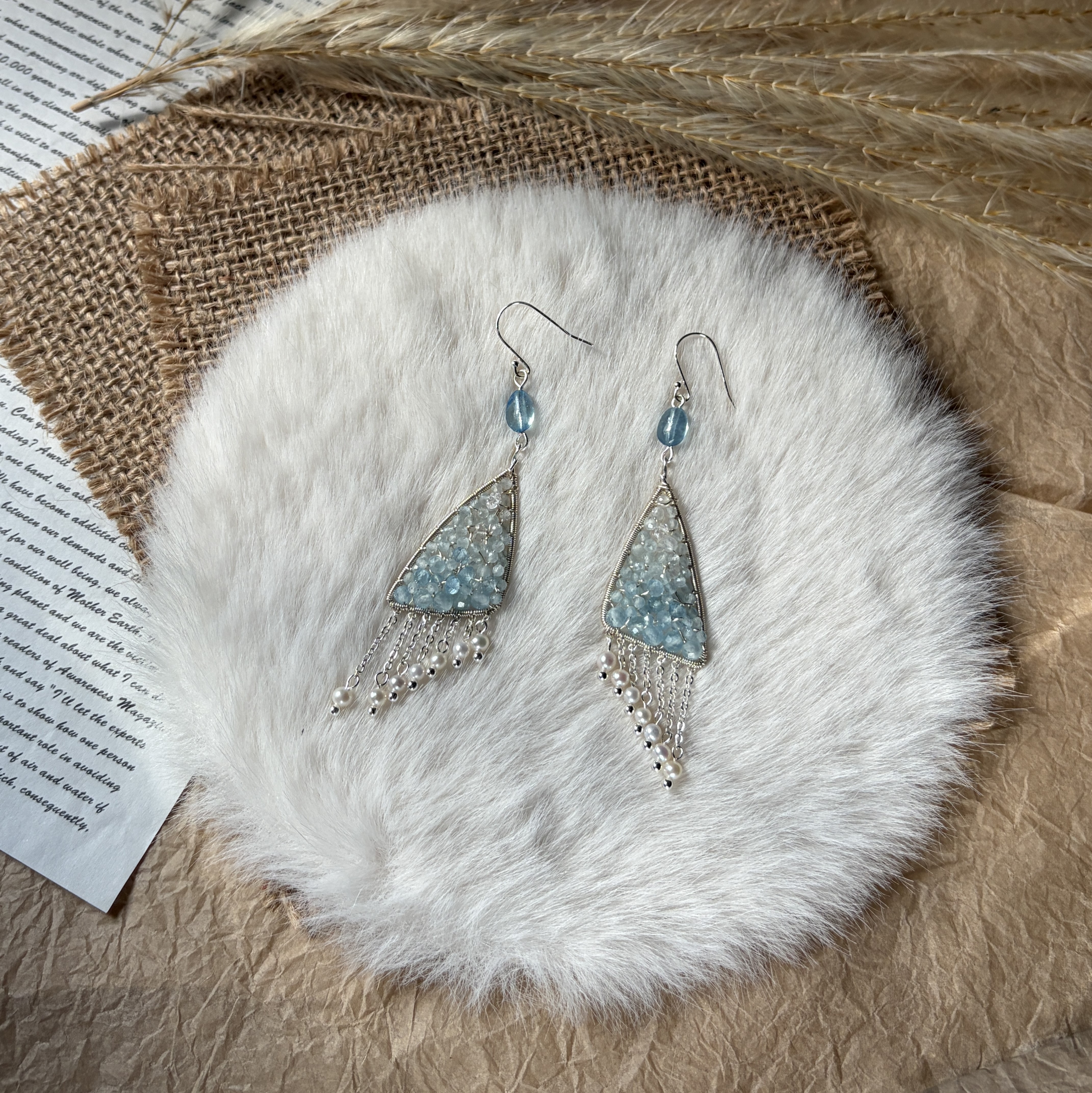 Wings of the Wind Aquamarine，Herkimer Diamond Quartz & Pearl Statement Earrings