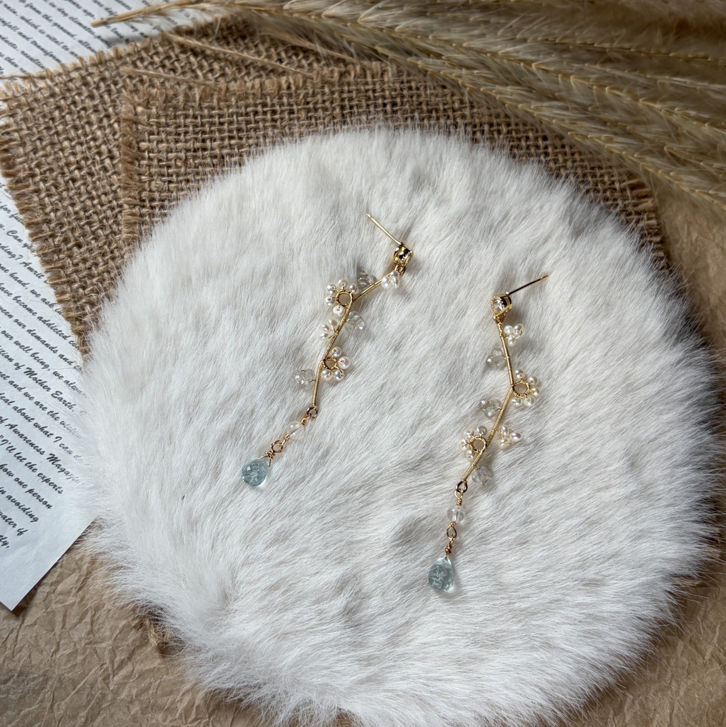 A Fragrance of Moonlight — Labradorite Aquamarine Pearl Drop Earrings | Handmade Botanical Jewelry