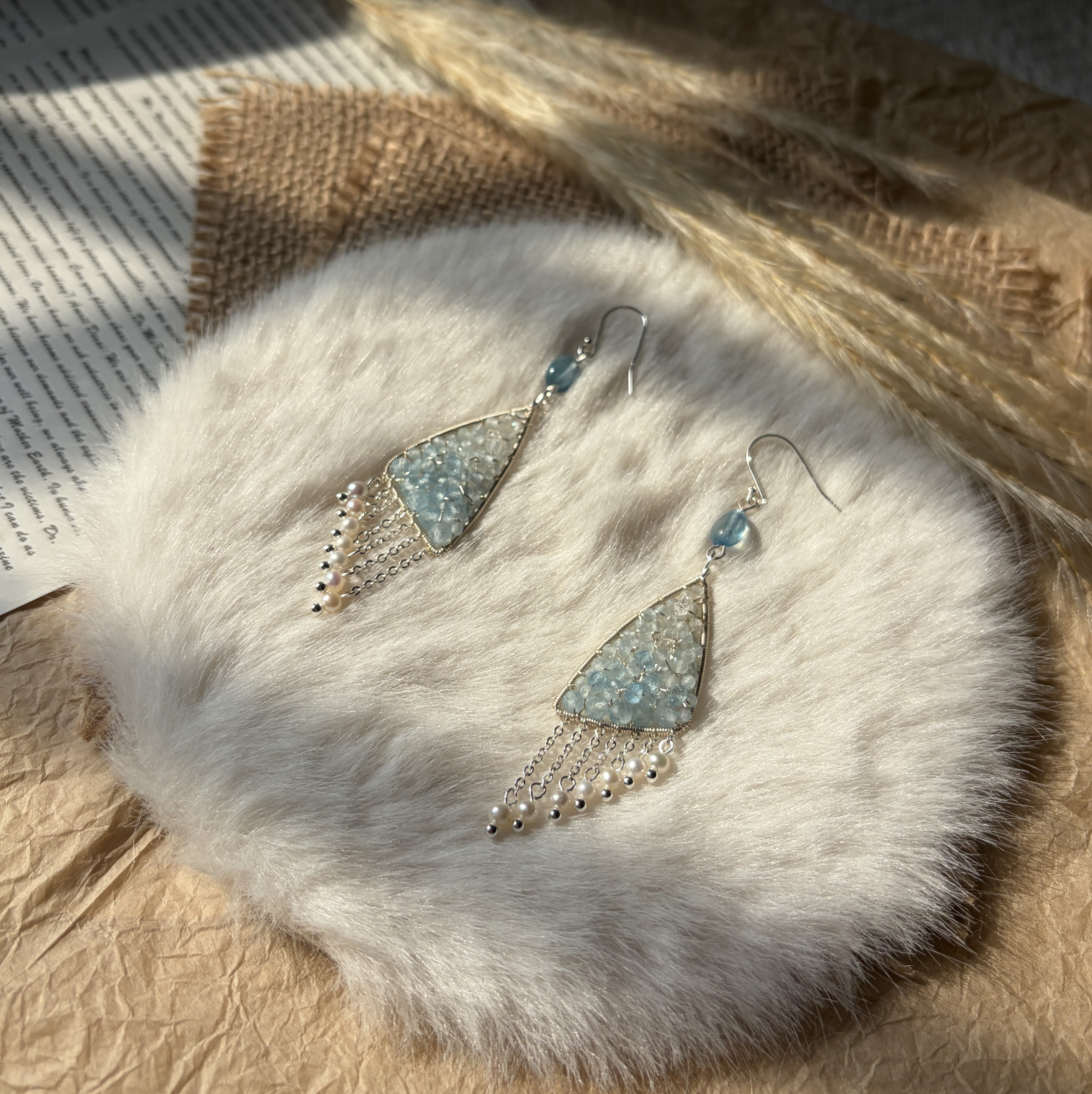 Wings of the Wind Aquamarine，Herkimer Diamond Quartz & Pearl Statement Earrings