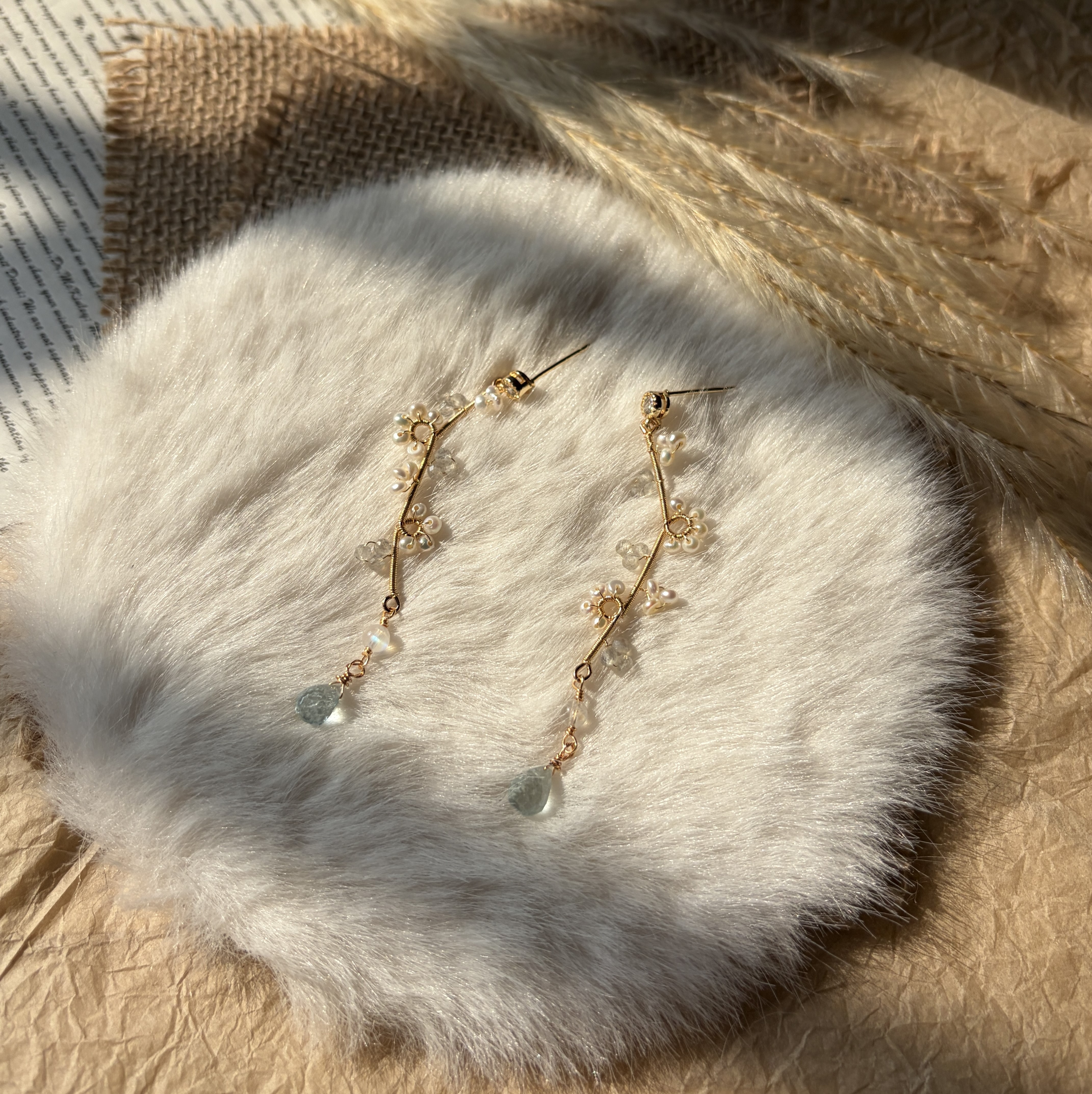 A Fragrance of Moonlight — Labradorite Aquamarine Pearl Drop Earrings | Handmade Botanical Jewelry
