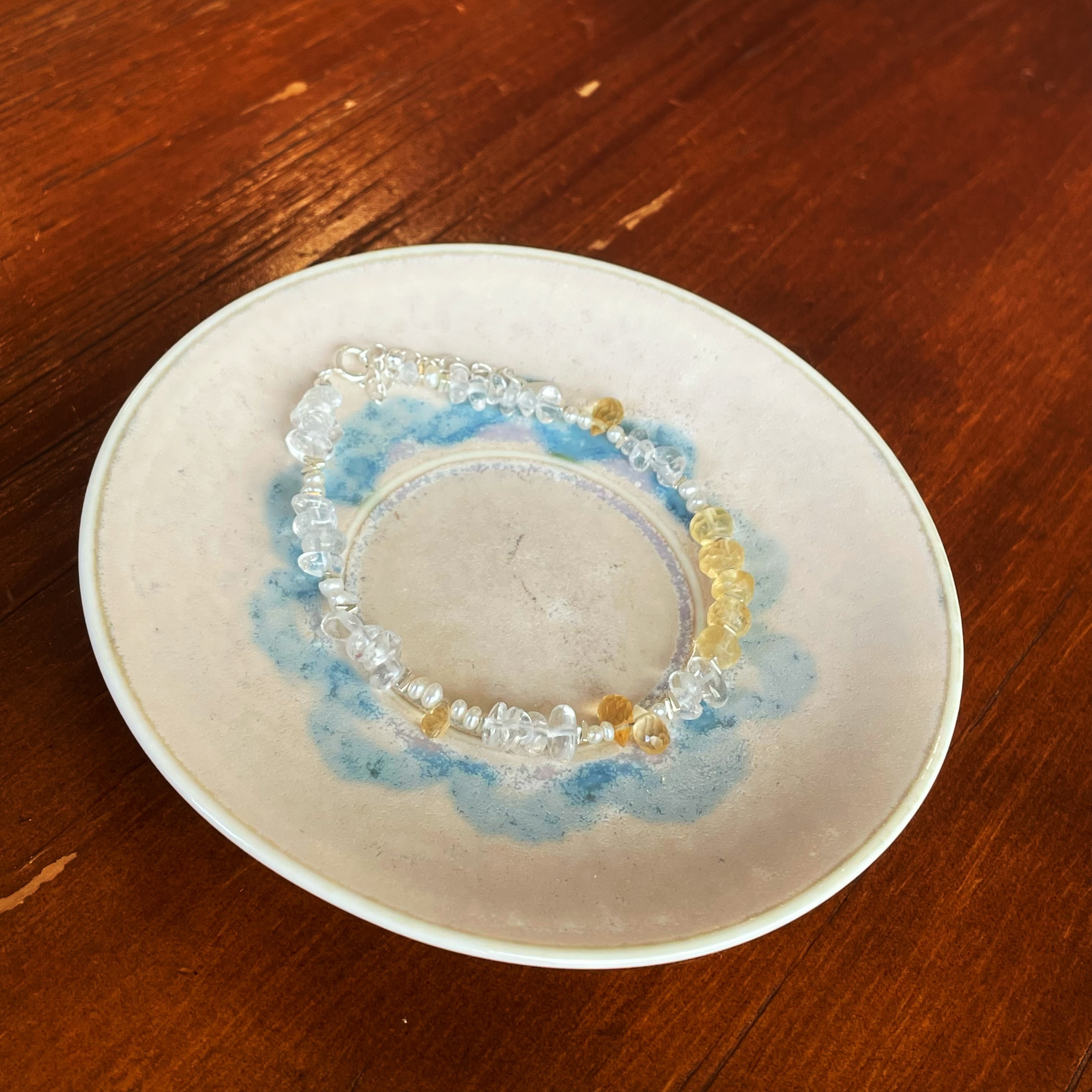 Sunlit Gold Meets Crystal Clarity Handmade Clear Quartz, Citrine, Freshwater Pearl and Sterling Silver Bracelet