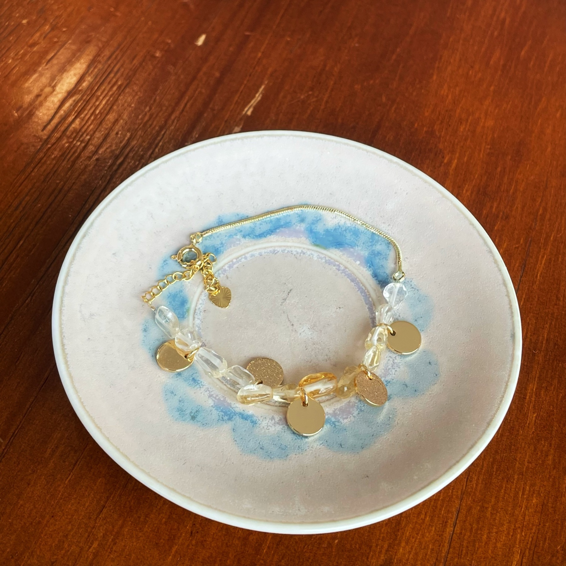 Handmade Asymmetrical Irregular Citrine Beads Bracelet with Gold Disc Charms