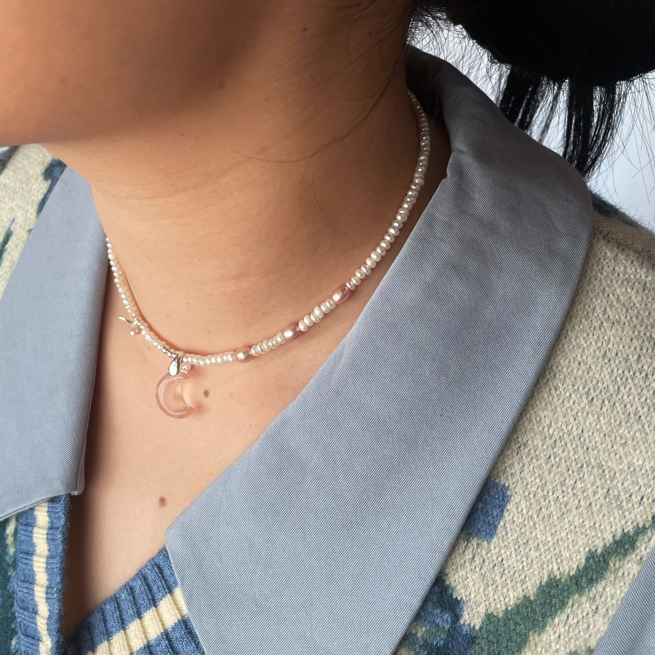 Handmade “Sweetheart” Pearls Short Necklace with Pink Rose Quartz Moon Pendant and Sterling Silver Butterfly