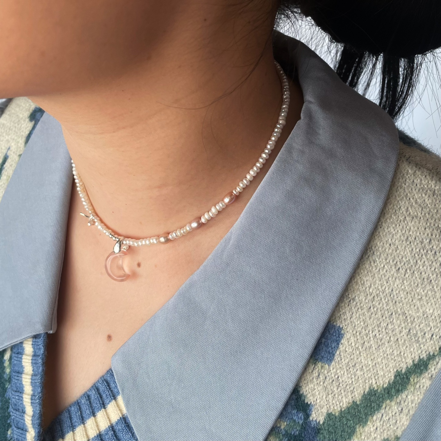 Handmade “Sweetheart” Pearls Short Necklace with Pink Rose Quartz Moon Pendant and Sterling Silver Butterfly