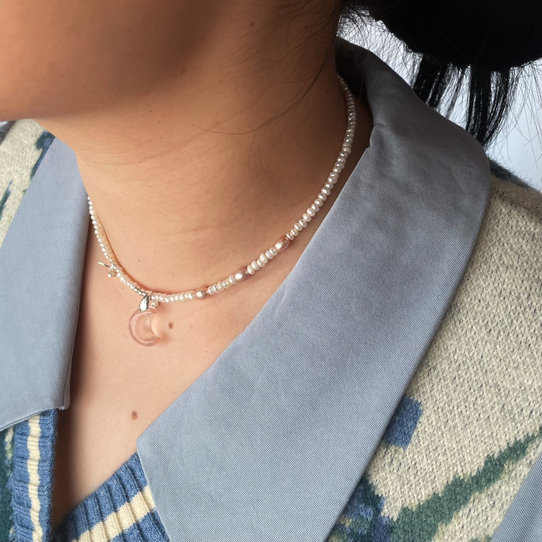 Handmade “Sweetheart” Pearls Short Necklace with Pink Rose Quartz Moon Pendant and Sterling Silver Butterfly